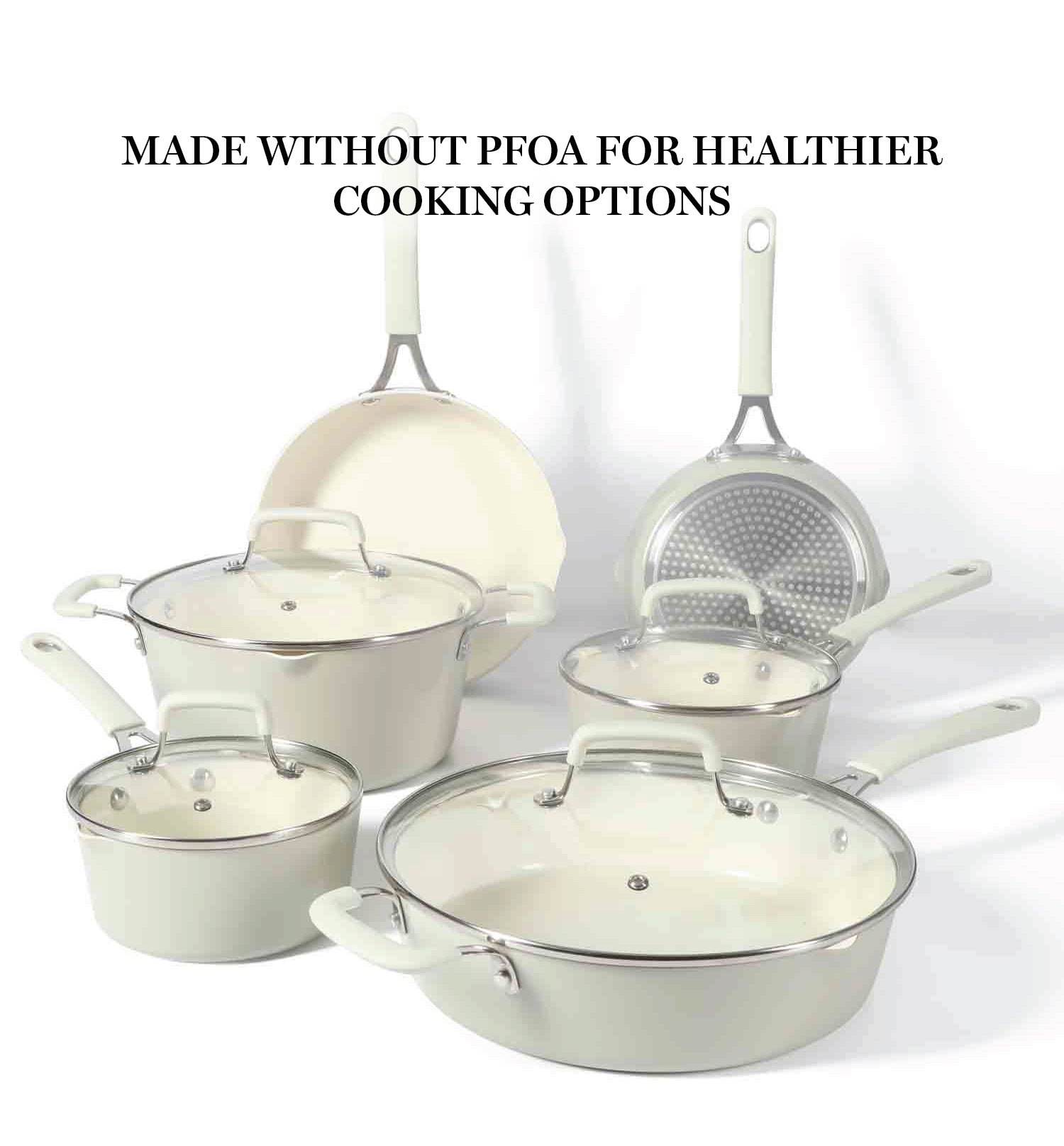 Martha Stewart Heathland Premium Nonstick PFA Free Ceramic Interior 10-Piece Tapered Aluminum Cookware Set - Linen White