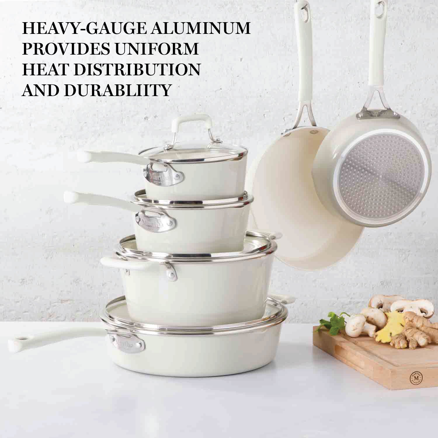 Martha Stewart Heathland Premium Nonstick PFA Free Ceramic Interior 10-Piece Tapered Aluminum Cookware Set - Linen White