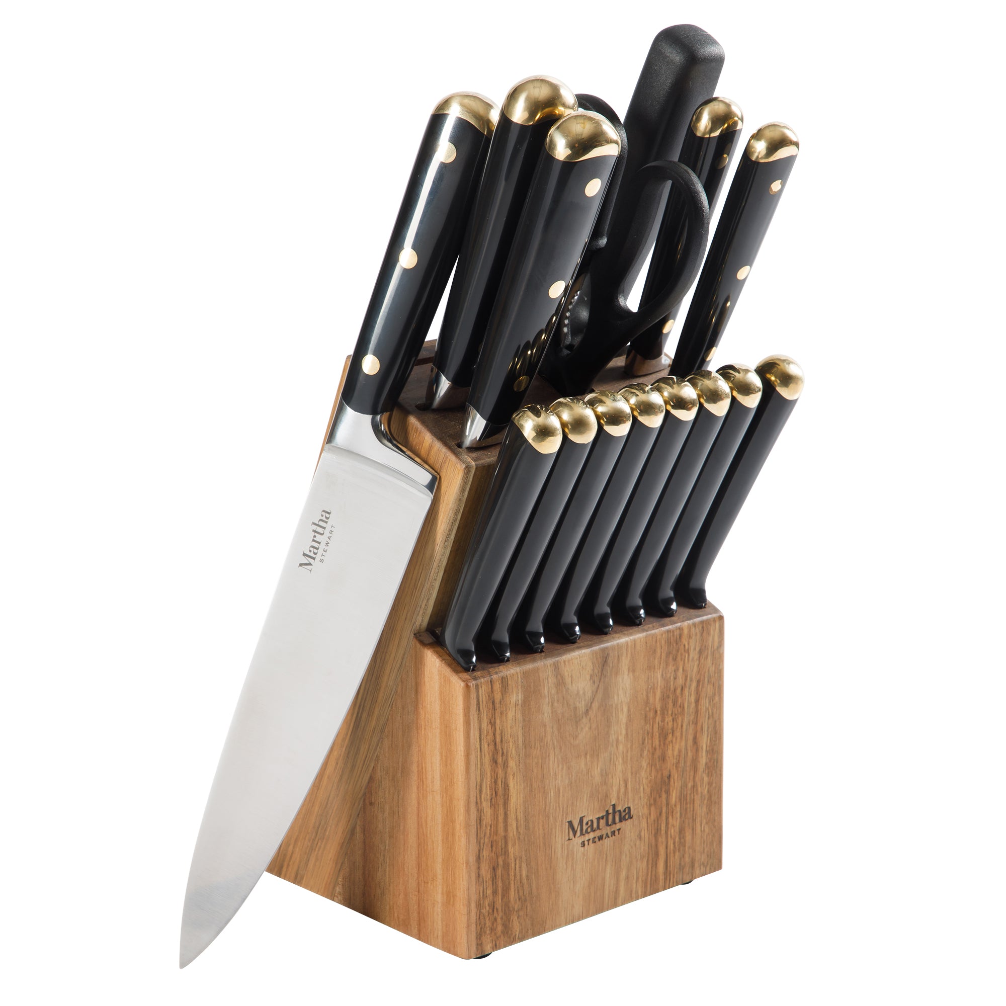 Martha Stewart 16 Piece Lockton High Carbob Stainless Steel Cutlery Kitchen Knife Block Set W/ ABS Tripe Riveted Forged Handle Acacia Wood Block