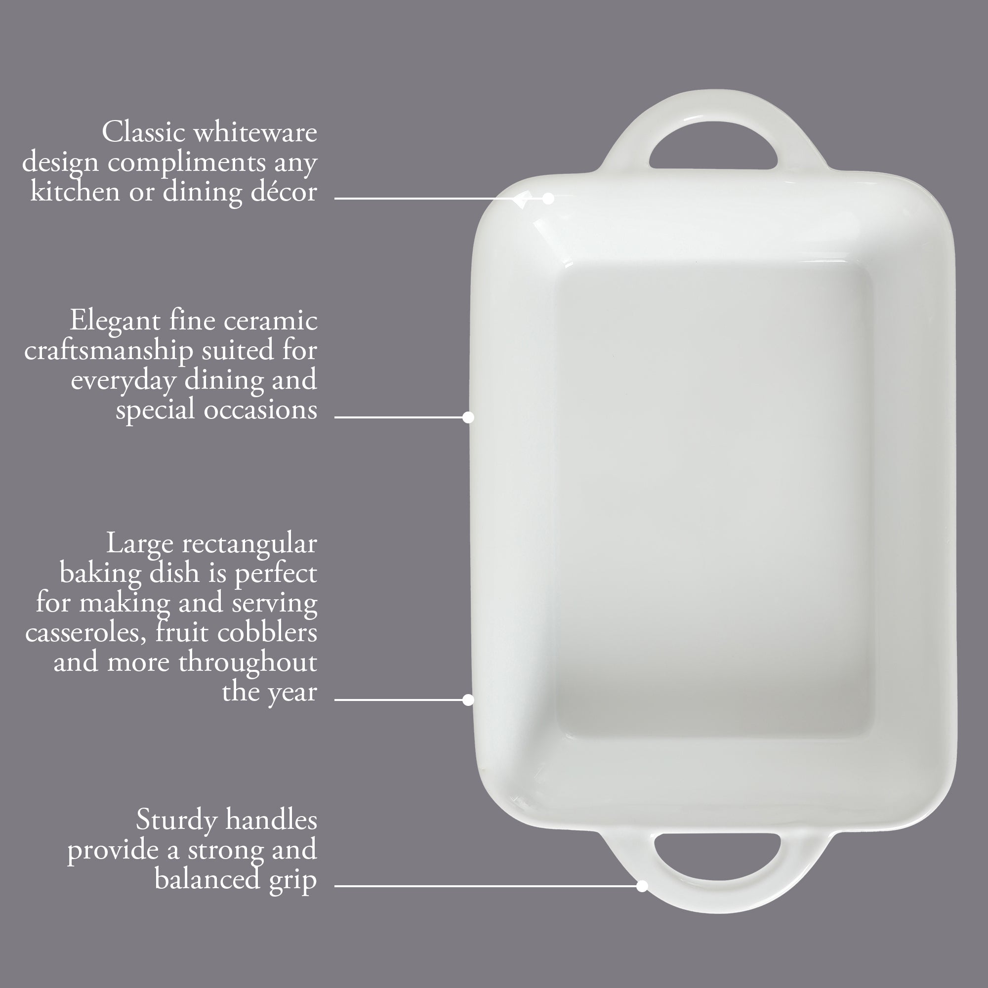 Gibson Home Gracious Dining 2.5-Quart White Stoneware Baking Dish with Handles – 14.6 x 8.5-Inch Rectangular Oven Safe Casserole & Roasting Baker