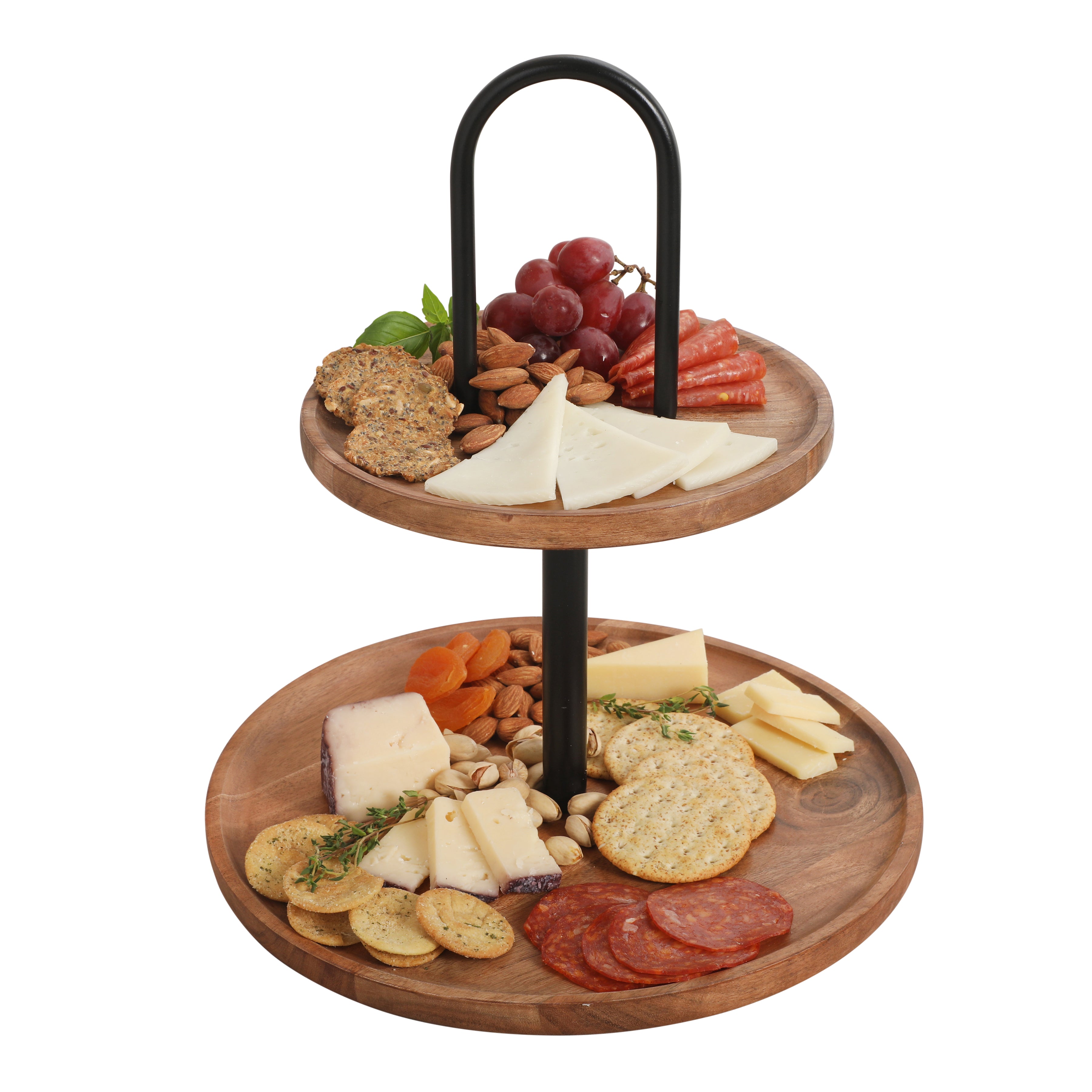 Gibson Home Gracious Dining 2-Tier Round Acacia Wood Serving Tray – Rustic Charcuterie Board Stand with Black Iron Handle – Tiered Party Platter, Dessert Display or Lazy Susan for Entertaining