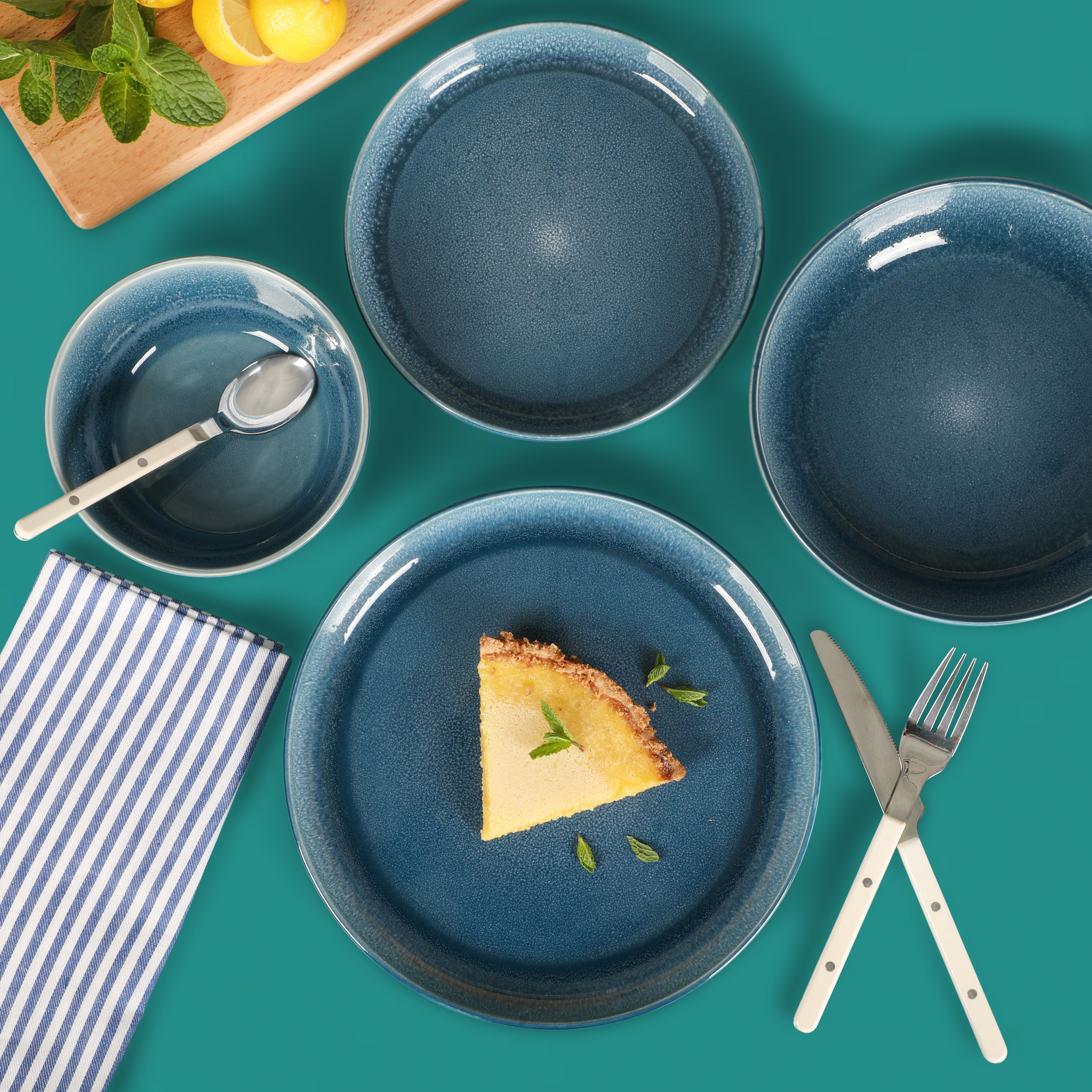 Sur La Table Kitchen Essentials Banquette 16 Piece Double Bowl Plates and Bowls Reactive Glaze Stoneware Dinnerware Set