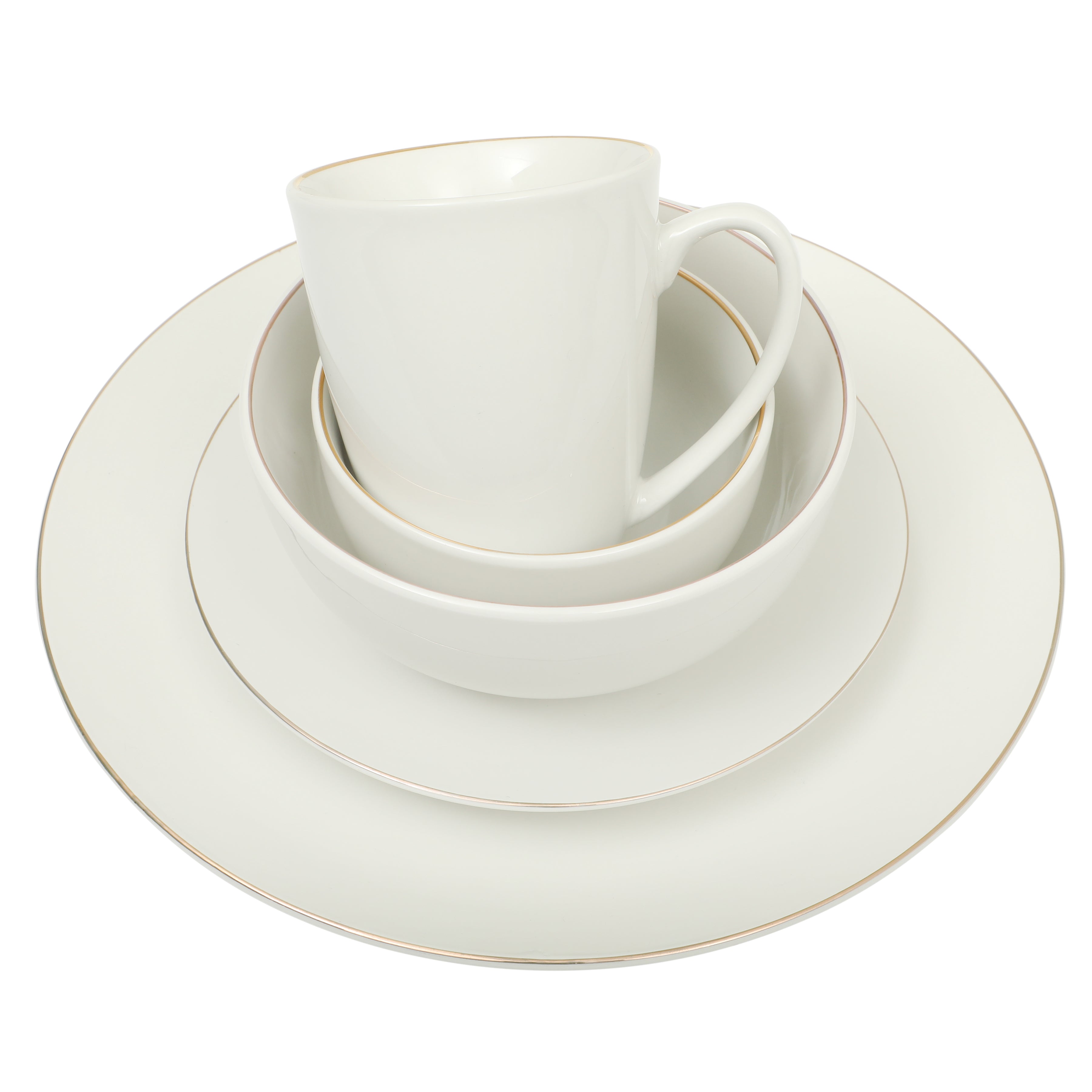 Gibson Home Ogalla 30 Piece Plates, Bowls, & Mugs Dinnerware Set - Service for 6 - White Porcelain W/ Gold Band