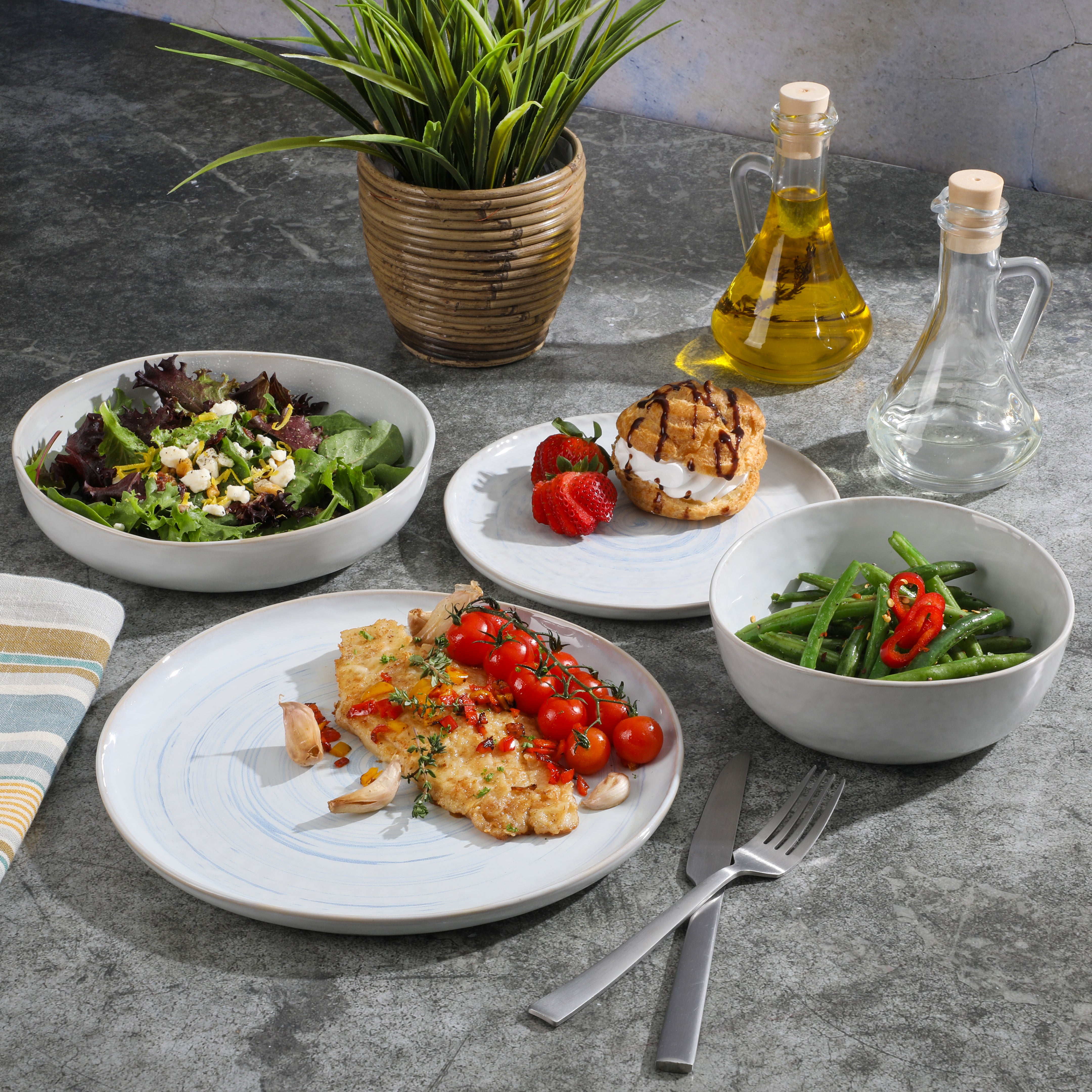Gibson Elite Auckland Blue Swirl Stoneware Reactive Glaze 16 Piece (Service for 4) Plates and Bowls Dinnerware Set