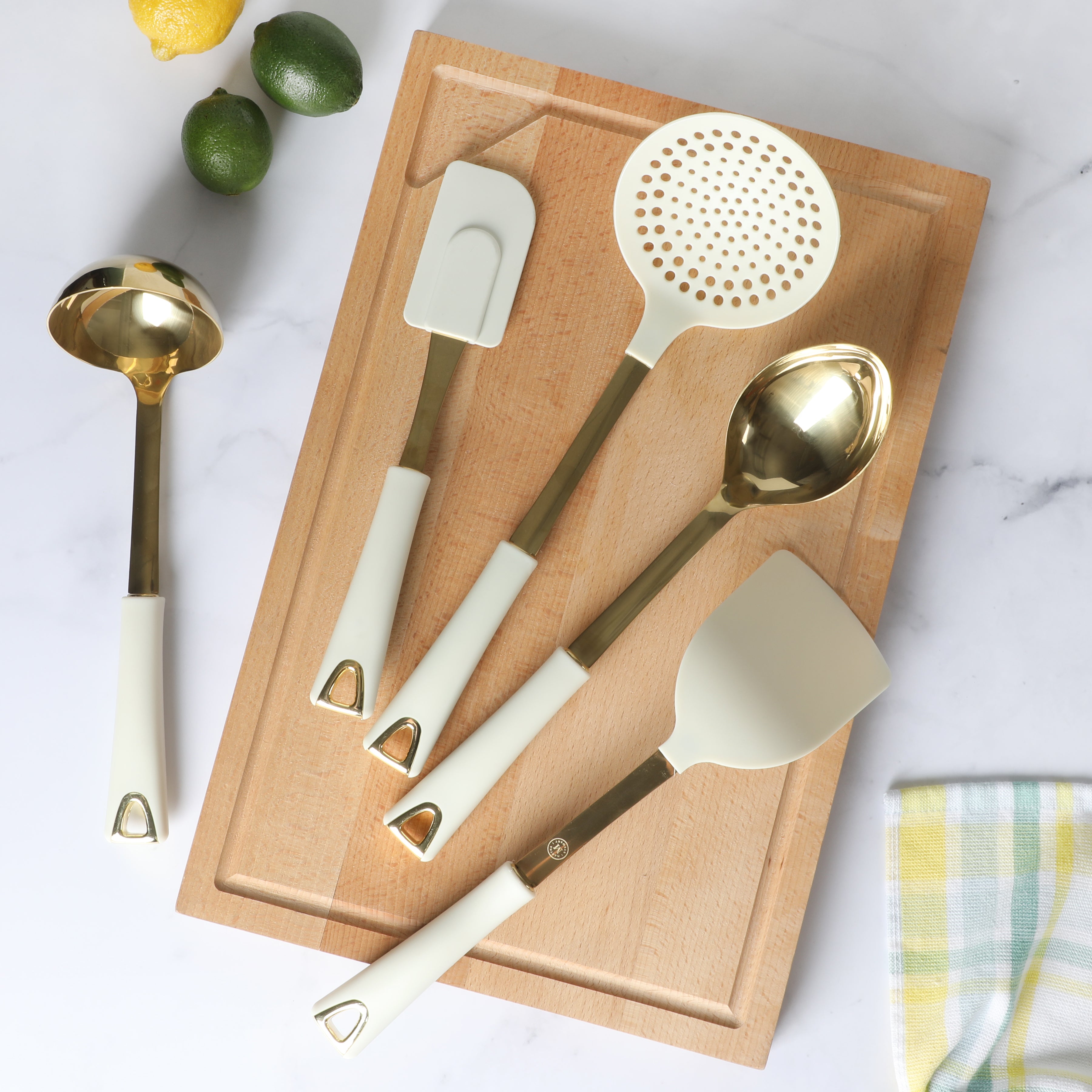 Martha Stewart Lockton 5-Piece Stainless Steel & Nylon Kitchen Tool Set - Linen w/ Gold