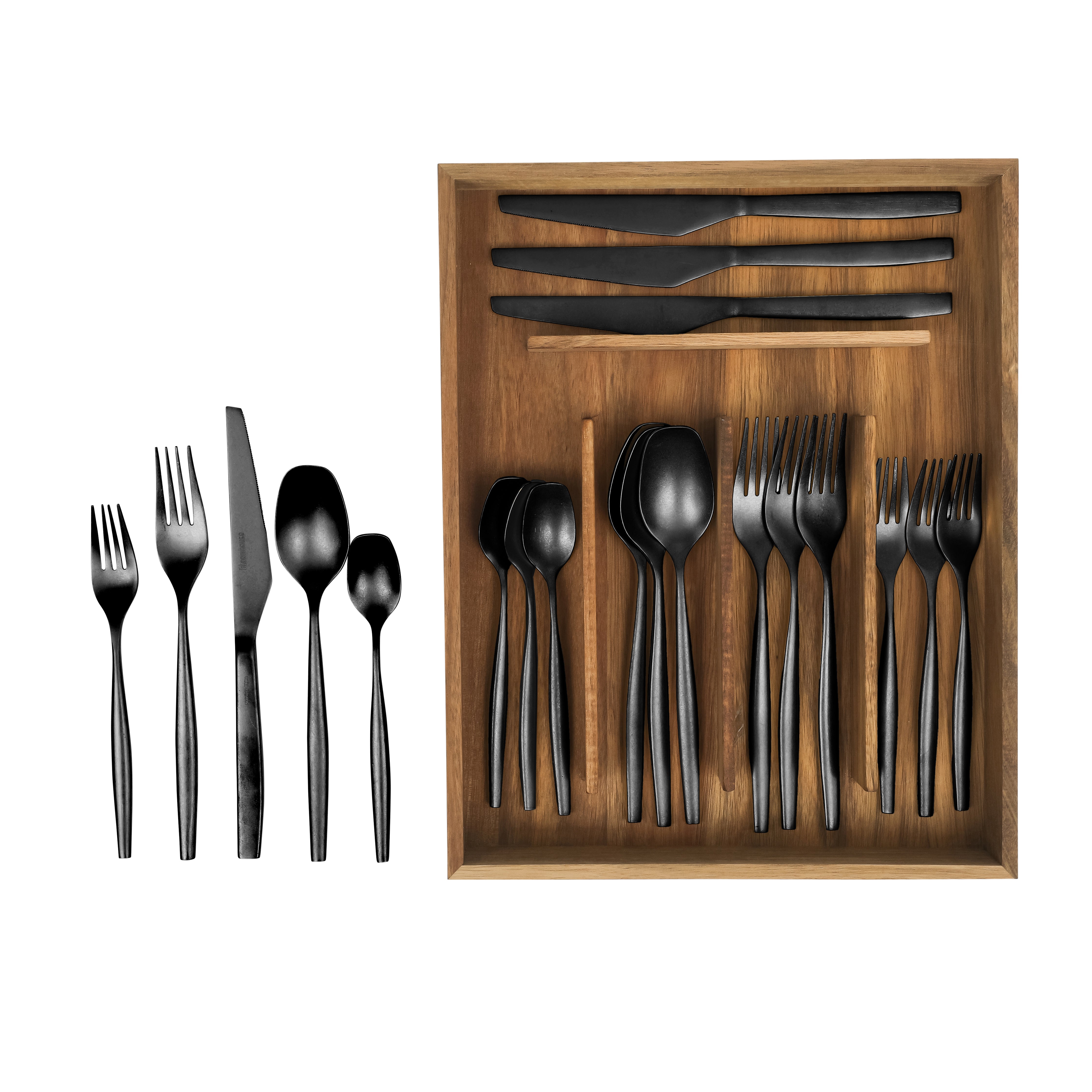 Bloomhouse 20 Piece Stone Washed Flatware 18/10 Stainless Steel Silverware Cutlery Utensil Set With Acacia Wood Caddy - Service for 4