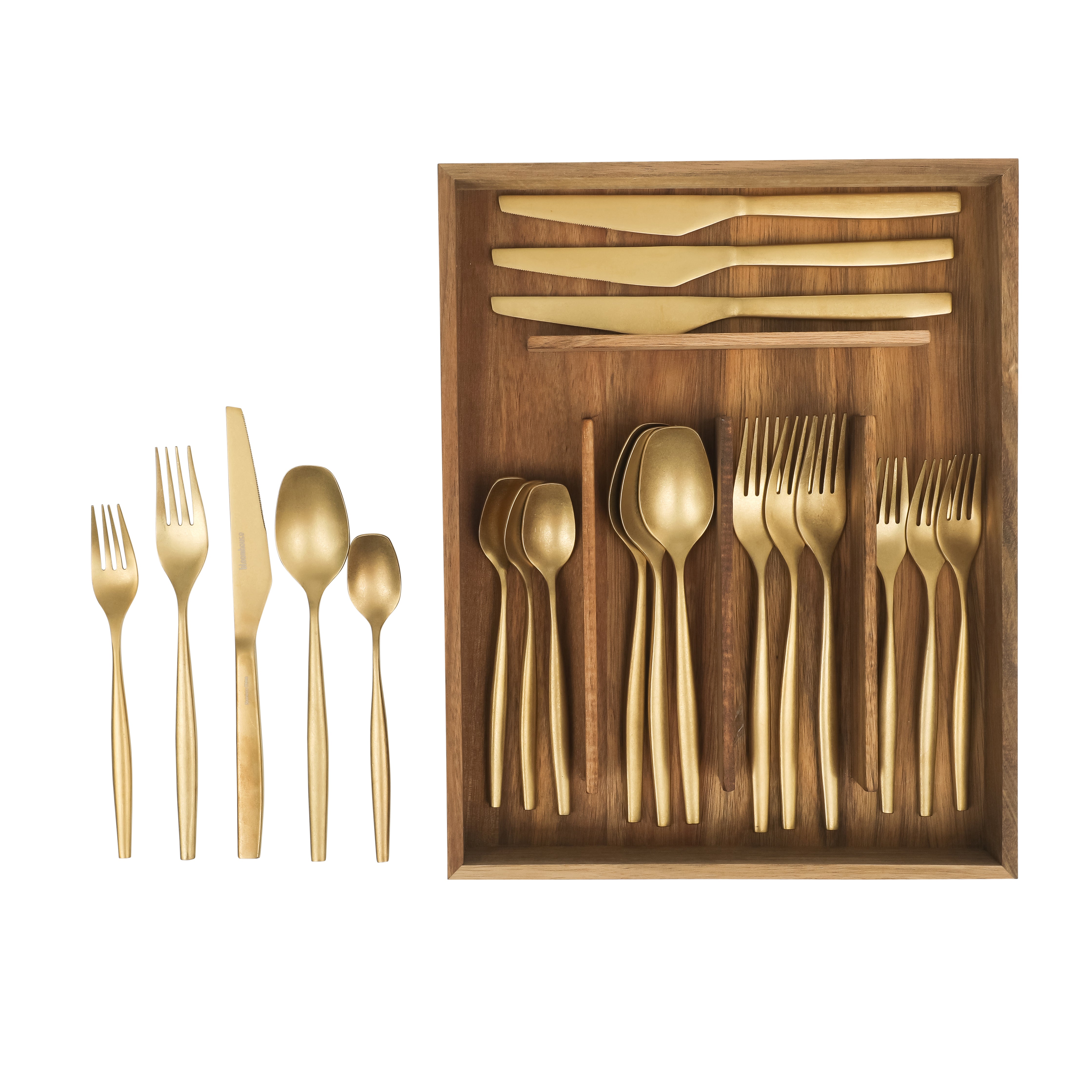 Bloomhouse 20 Piece Stone Washed Flatware 18/10 Stainless Steel Silverware Cutlery Utensil Set With Acacia Wood Caddy - Service for 4