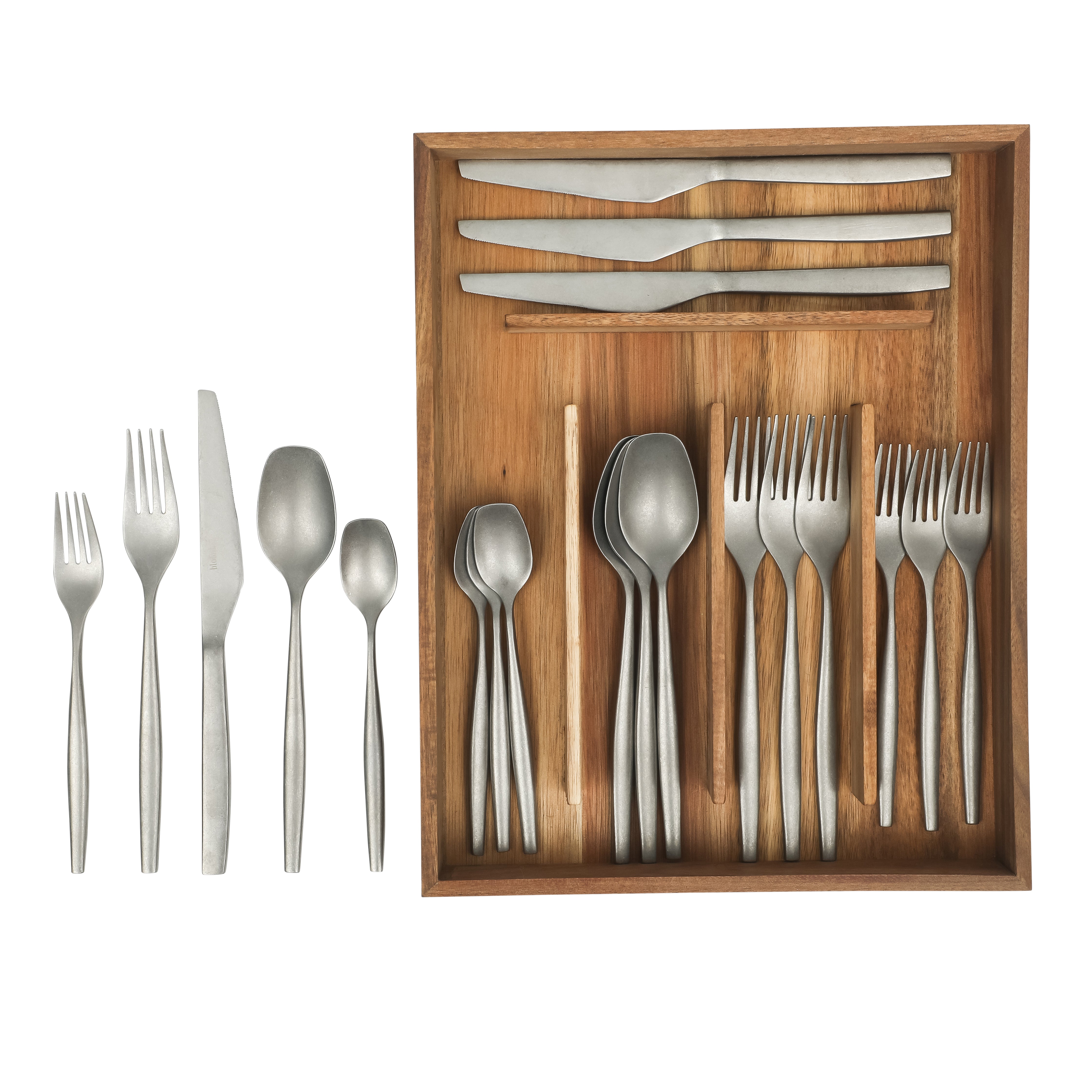 Bloomhouse 20 Piece Stone Washed Flatware 18/10 Stainless Steel Silverware Cutlery Utensil Set With Acacia Wood Caddy - Service for 4