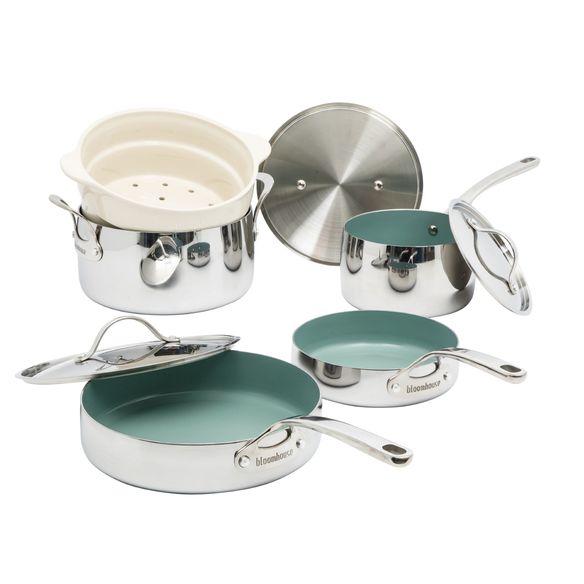 Bloomhouse 8 Piece Triply Stainless Steel Pots and Pans Cookware Set W/ Non Toxic Pro Ceramic Non Stick Interior