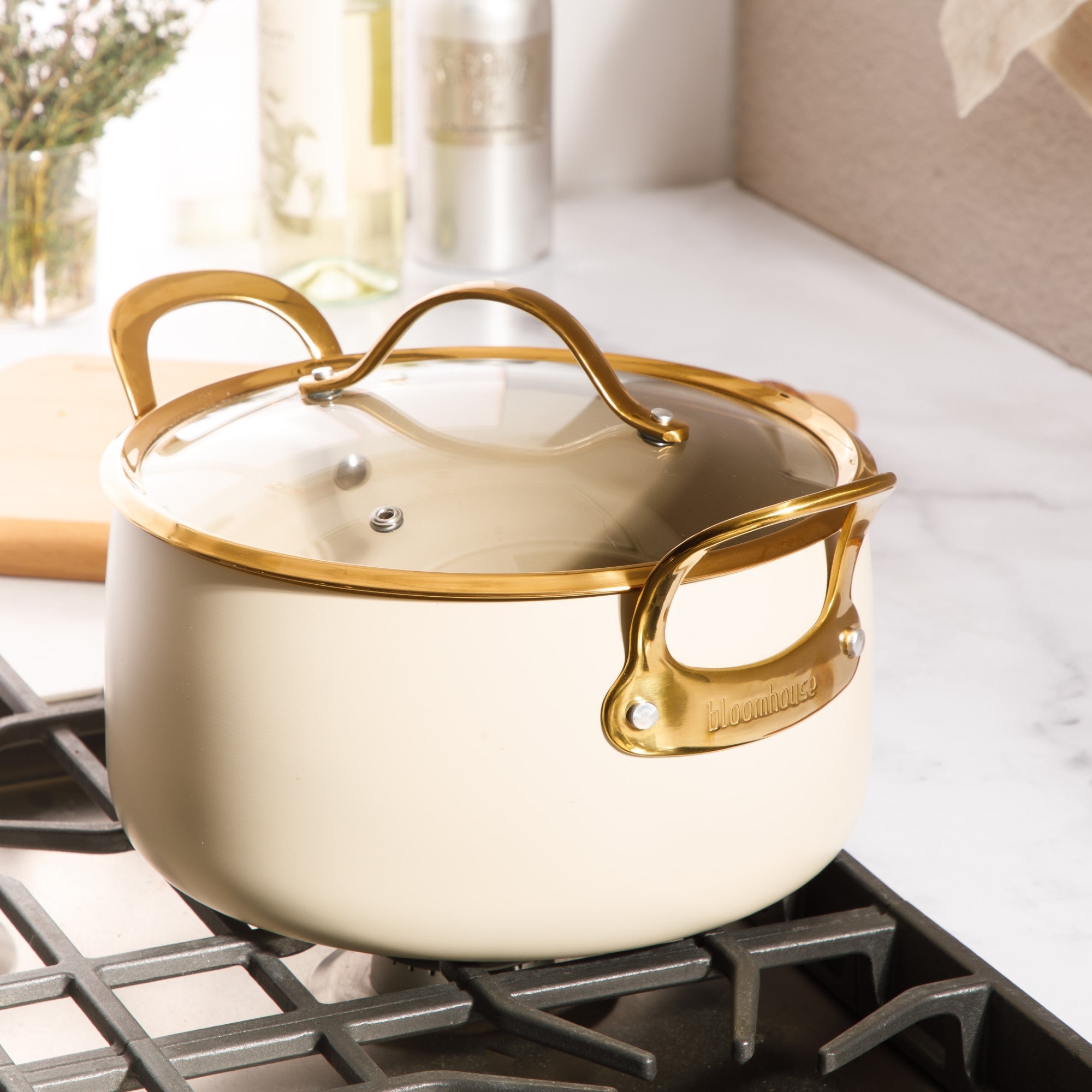 Bloomhouse 8 Piece Pots and Pans Heavy Duty Aluminum Premium PFA Free Ceramic Nonstick Dutch Oven Pot with Lid - Linen White with Gold Handle