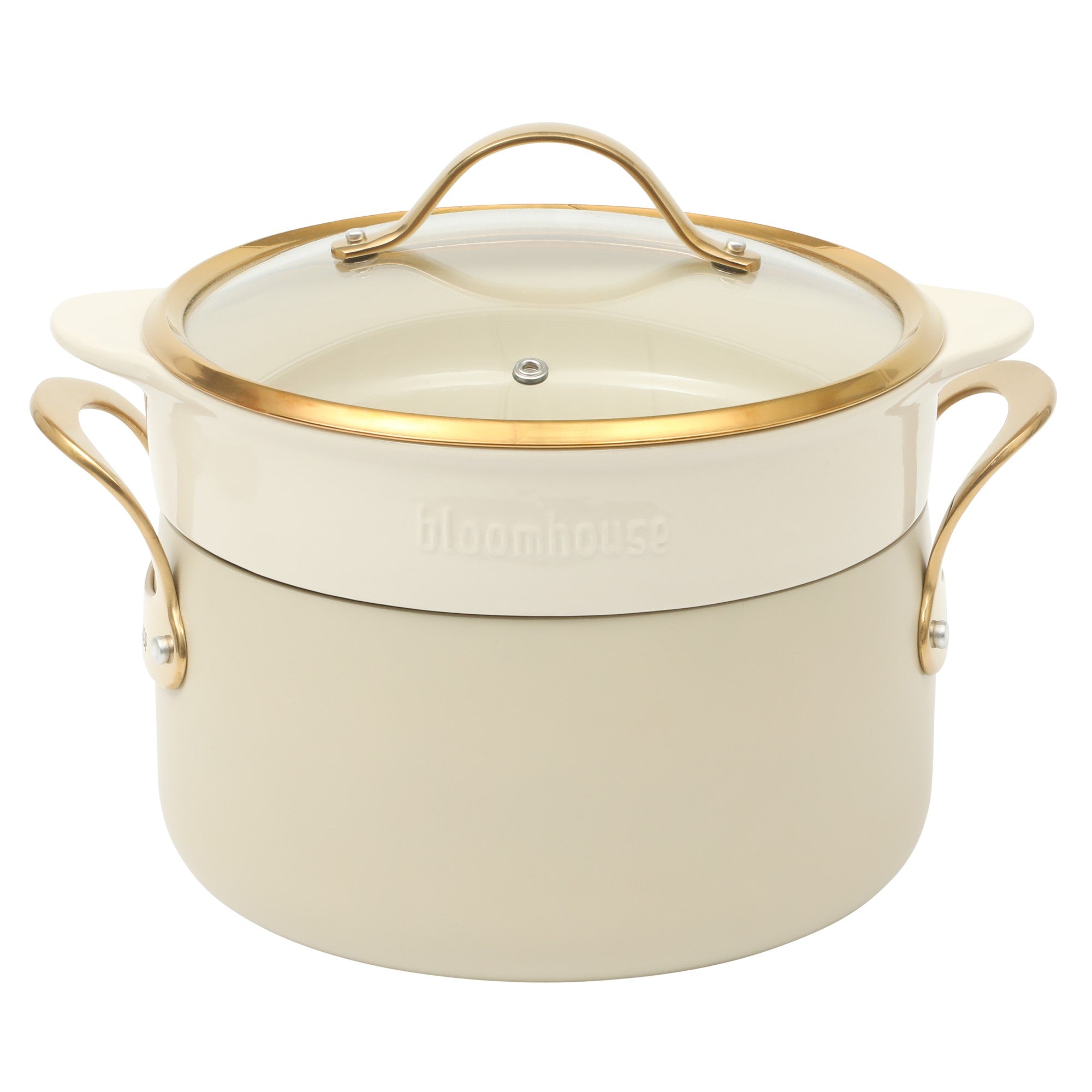 Bloomhouse 8 Piece Pots and Pans Heavy Duty Aluminum Premium PFA Free Ceramic Nonstick Dutch Oven Pot with Lid - Linen White with Gold Handle