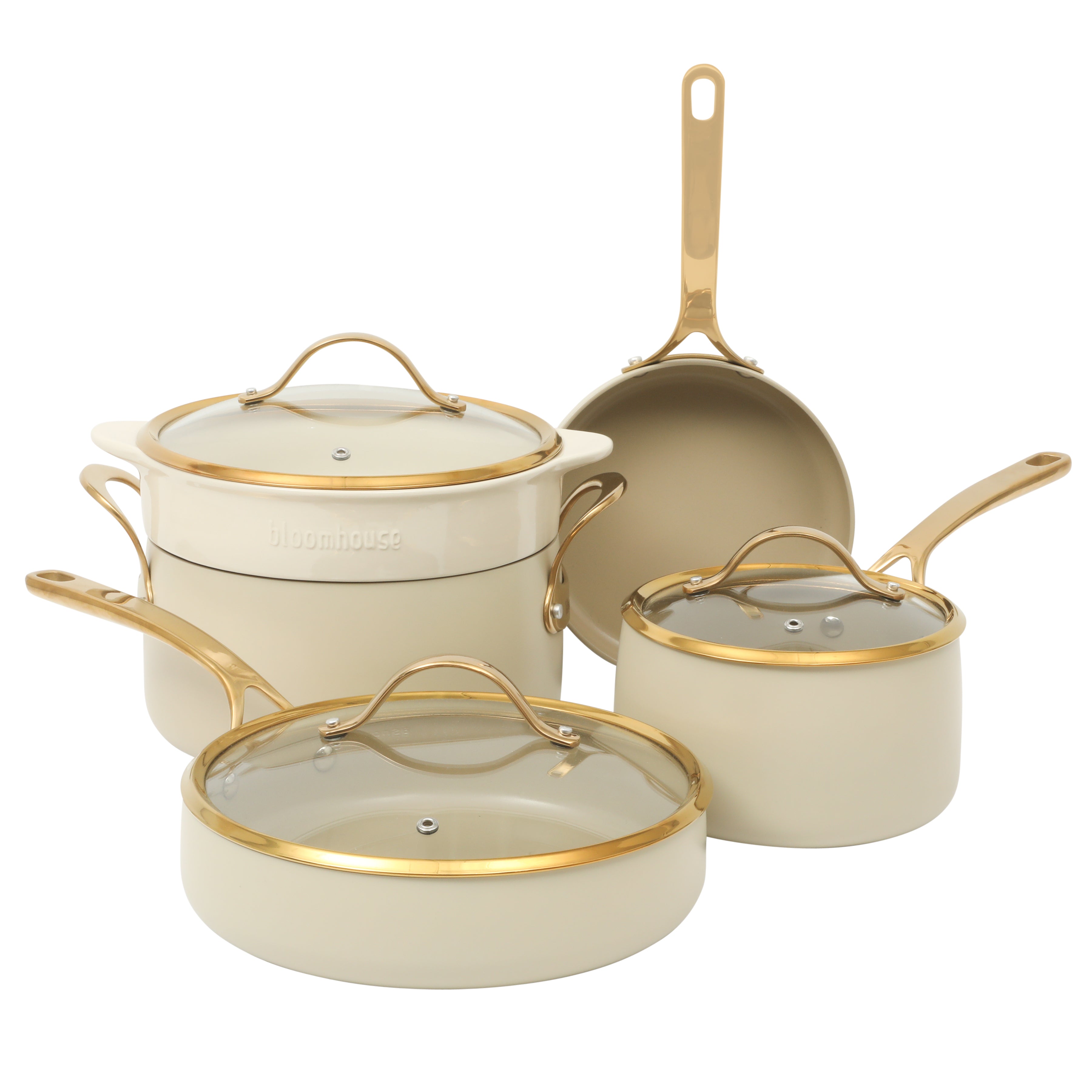 Bloomhouse 8 Piece Pots and Pans Heavy Duty Aluminum Premium PFA Free Ceramic Nonstick Dutch Oven Pot with Lid - Linen White with Gold Handle
