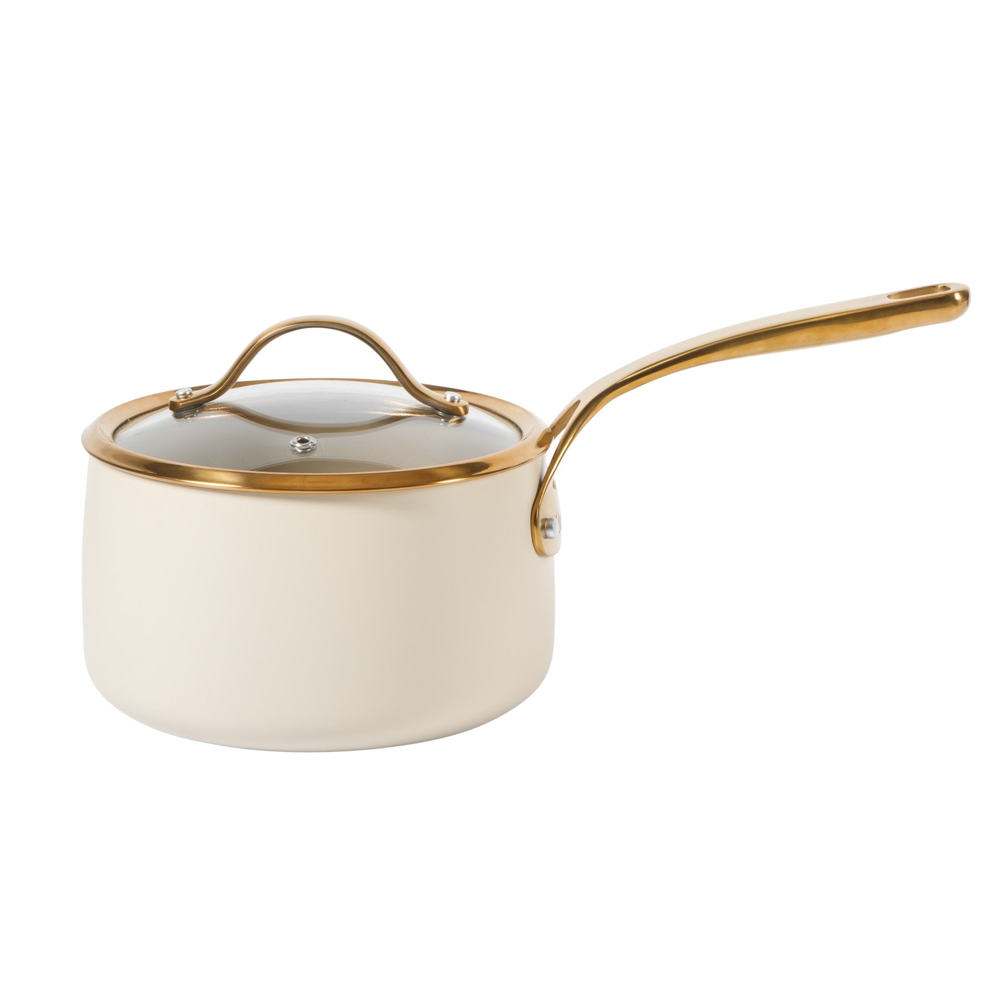 Bloomhouse 3 Quart Heavy Duty Aluminum Premium PFA Free Ceramic Nonstick Saucepan with Lid - Linen White with Gold Handle