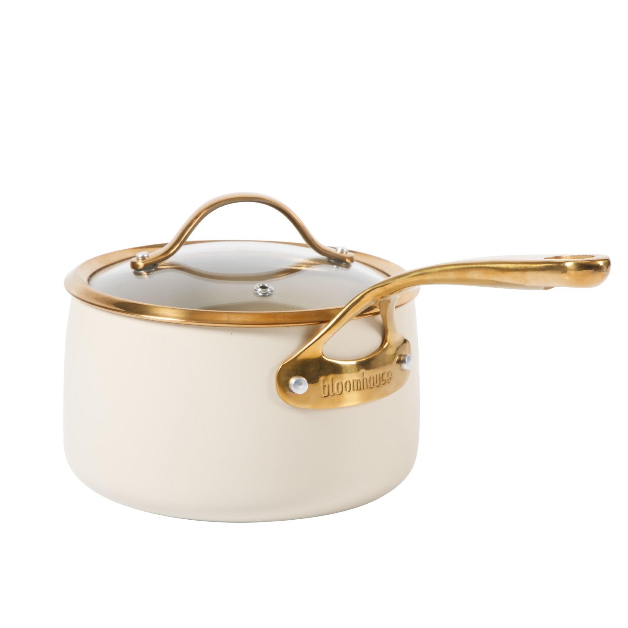 Bloomhouse 3 Quart Heavy Duty Aluminum Premium PFA Free Ceramic Nonstick Saucepan with Lid - Linen White with Gold Handle