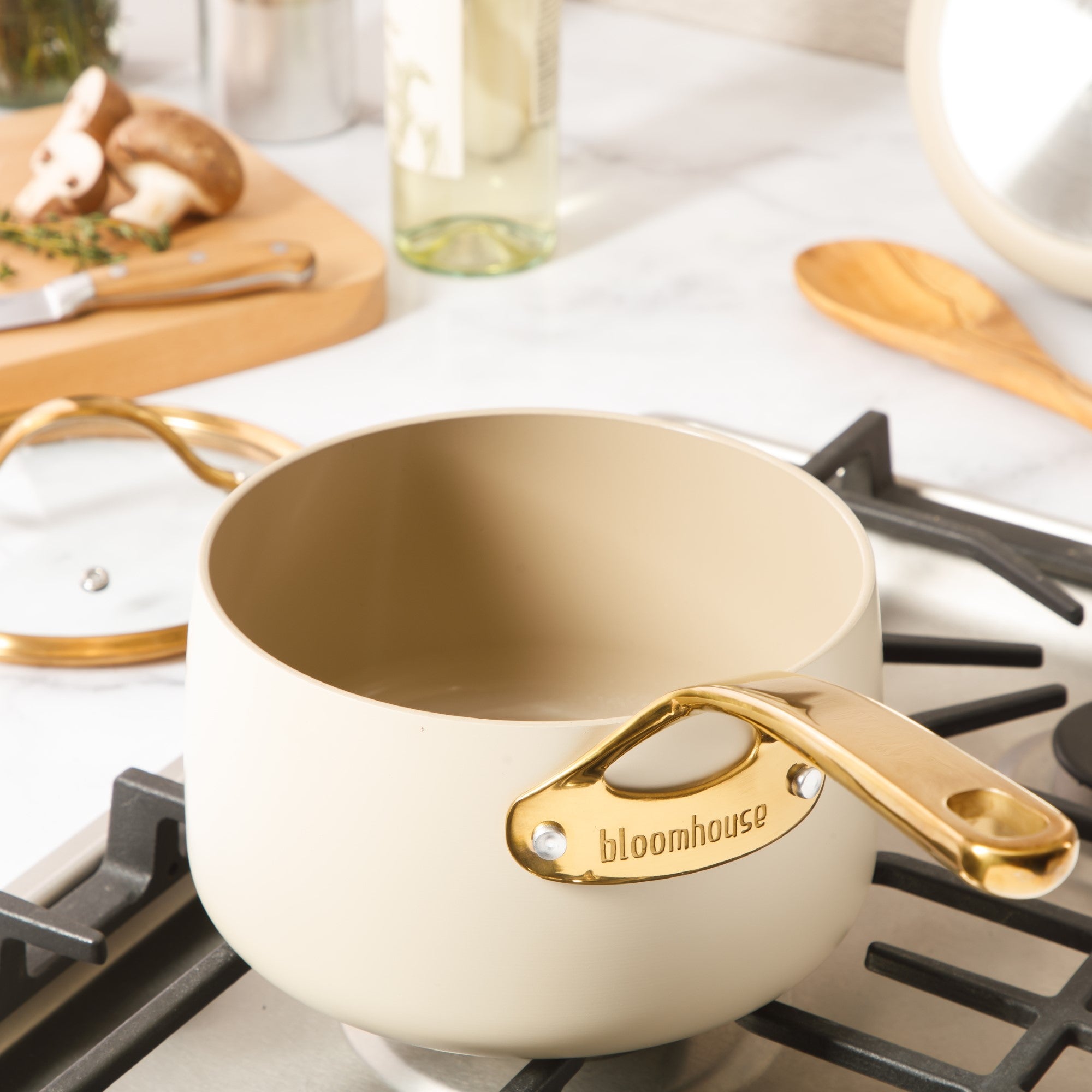 Bloomhouse 3 Quart Heavy Duty Aluminum Premium PFA Free Ceramic Nonstick Saucepan with Lid - Linen White with Gold Handle