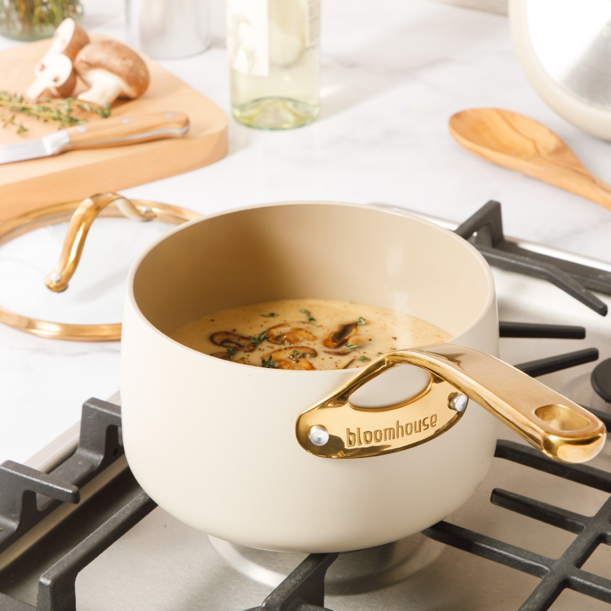 Bloomhouse 3 Quart Heavy Duty Aluminum Premium PFA Free Ceramic Nonstick Saucepan with Lid - Linen White with Gold Handle