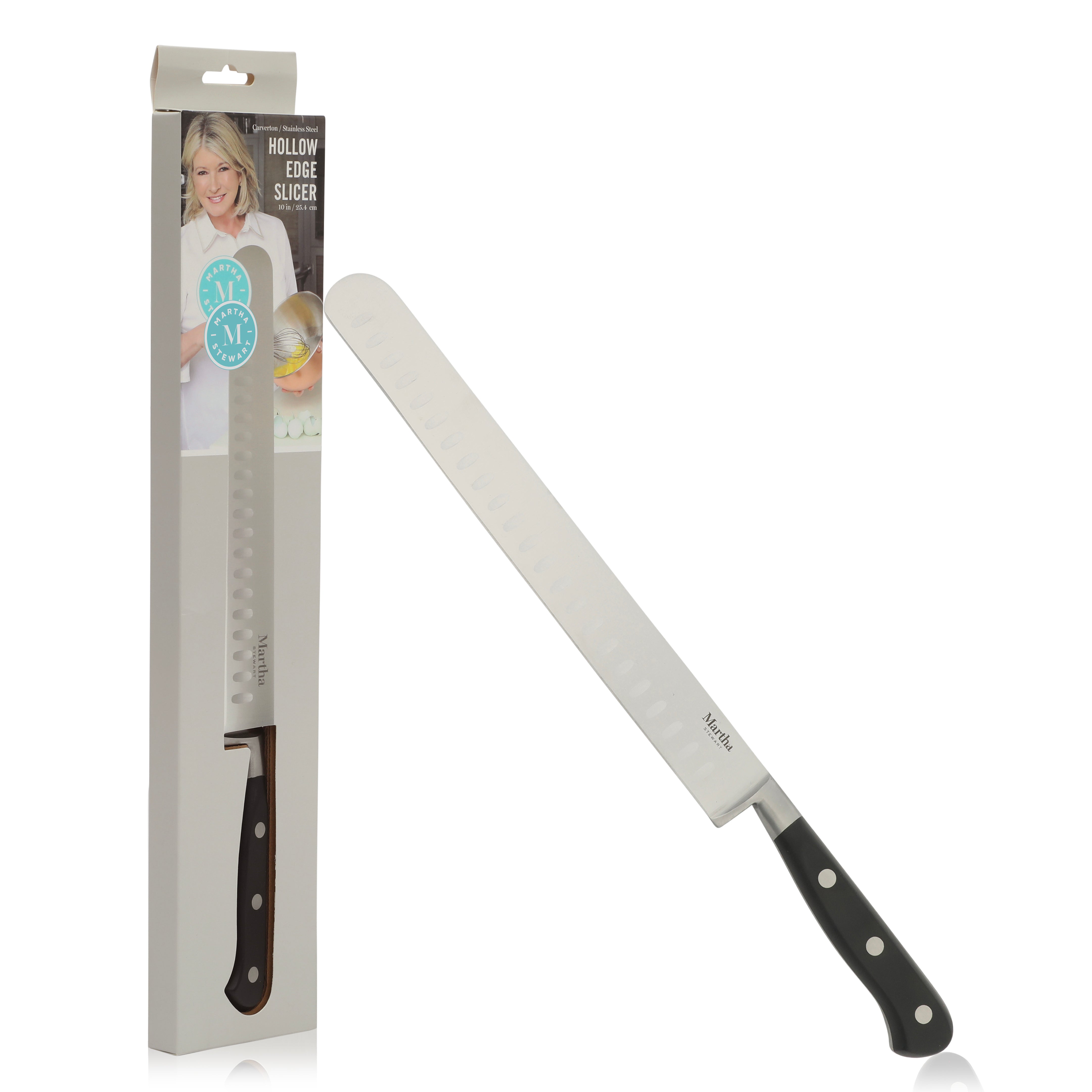 Martha Stewart Carverton 10" Hollow Edge Slicer Knife, High Carbon Stainless Steel Kitchen Knive  W/ Black Triple Rivet Handle