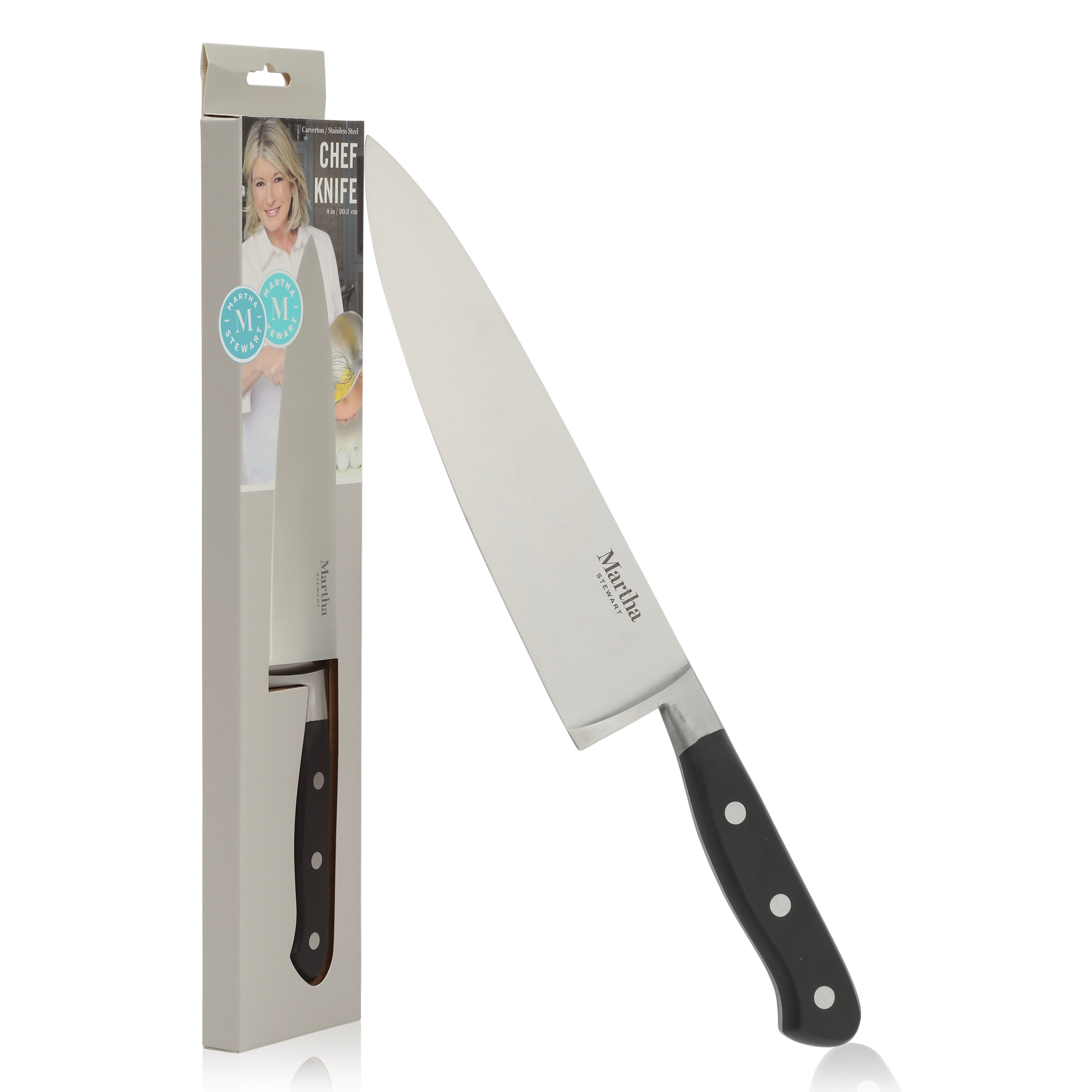 Martha Stewart Carverton 8" Chef Knife, High Carbon Stainless Steel Kitchen Knive  W/ Black Triple Rivet Handle