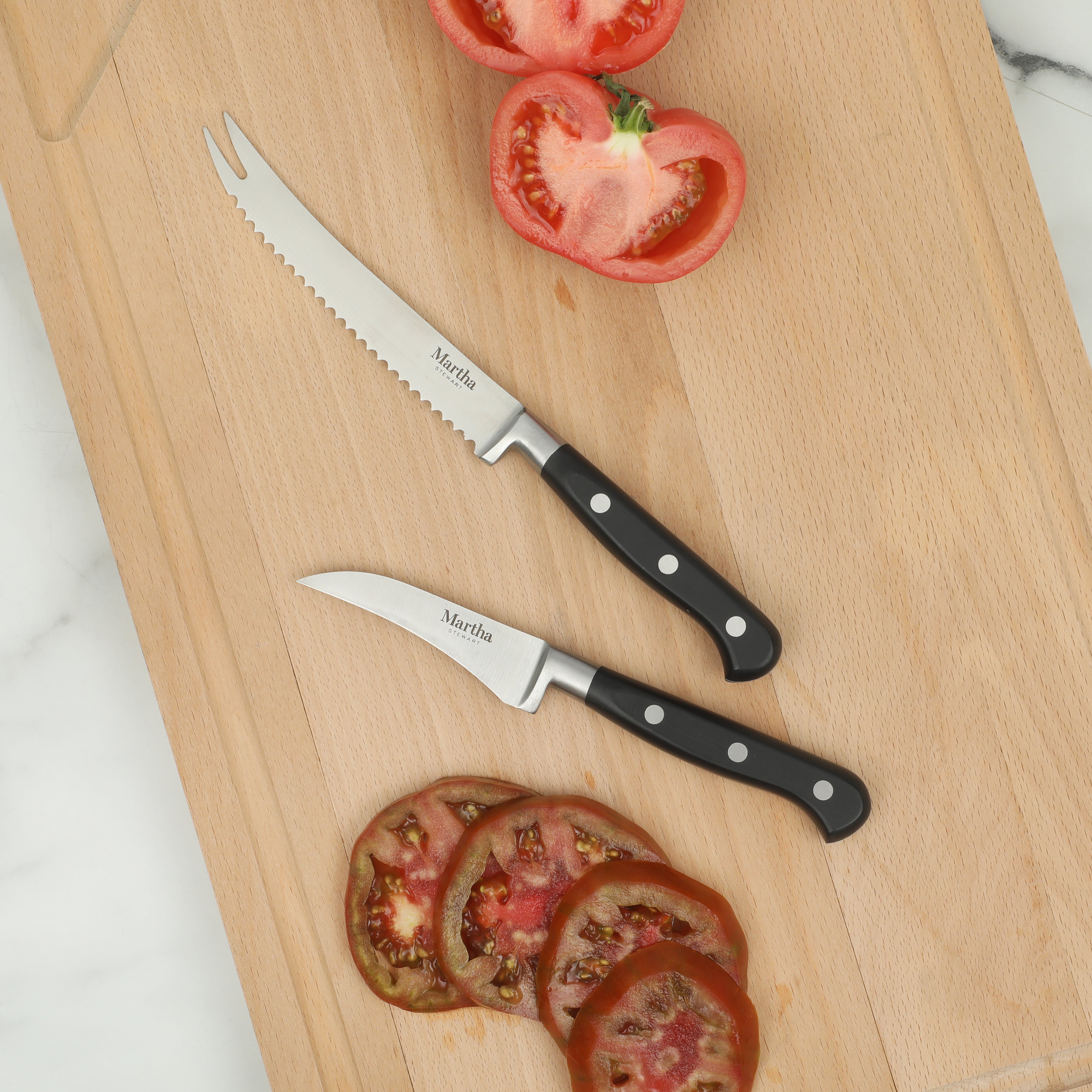 Martha Stewart Carverton 2 Piece Set 5" Tomato Knife and 3" Bird's Beak Knife Set, Bread  Carbon Stainless Steel Kitchen Knive W/ Black Triple Rivet Handle