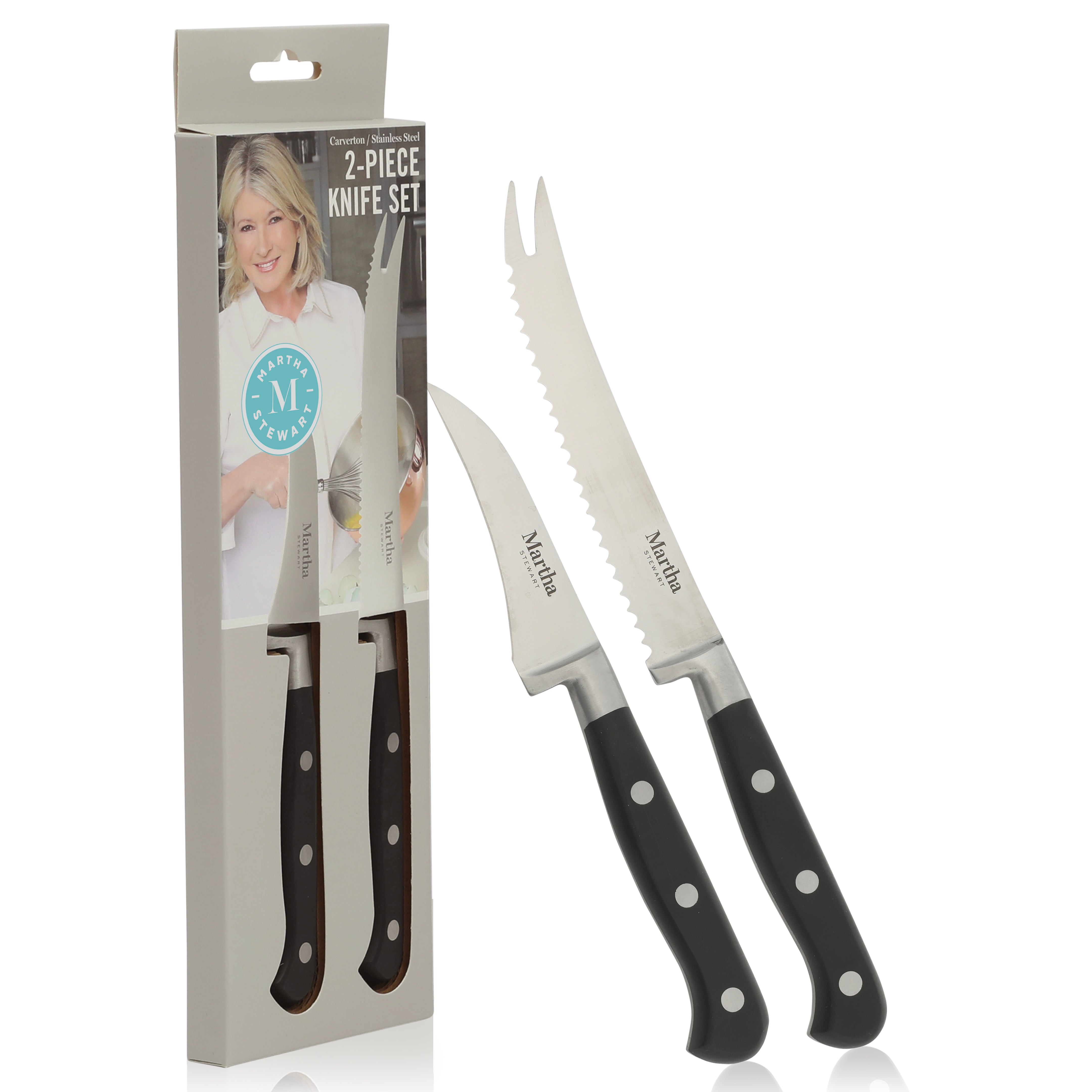 Martha Stewart Carverton 2 Piece Set 5" Tomato Knife and 3" Bird's Beak Knife Set, Bread  Carbon Stainless Steel Kitchen Knive W/ Black Triple Rivet Handle