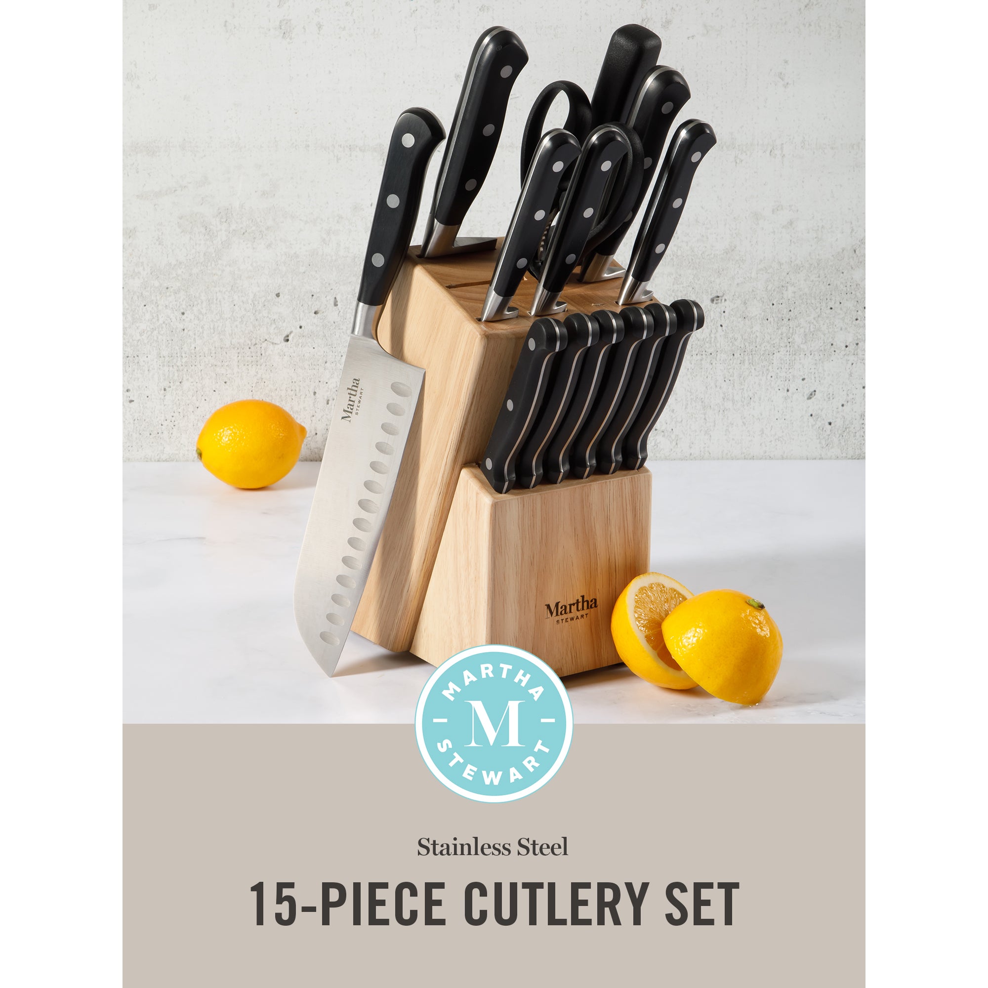 Martha Stewart Carverton 14 Piece High Carbon Stainless Steel Cutlery Kitchen Knife Block Set w/ABS Triple Riveted Forged Handle Wood Block - Black