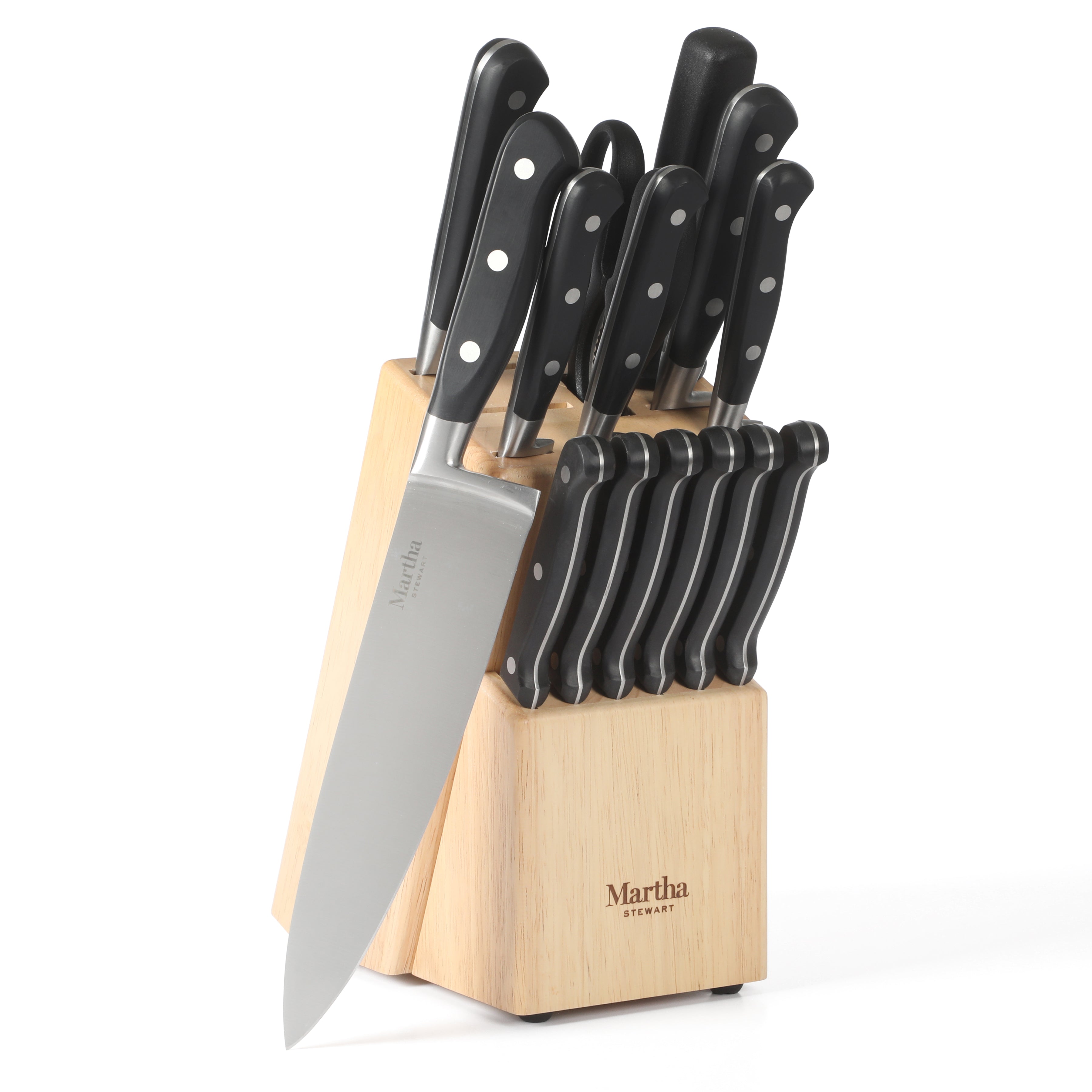 Martha Stewart Carverton 14 Piece High Carbon Stainless Steel Cutlery Kitchen Knife Block Set w/ABS Triple Riveted Forged Handle Wood Block - Black