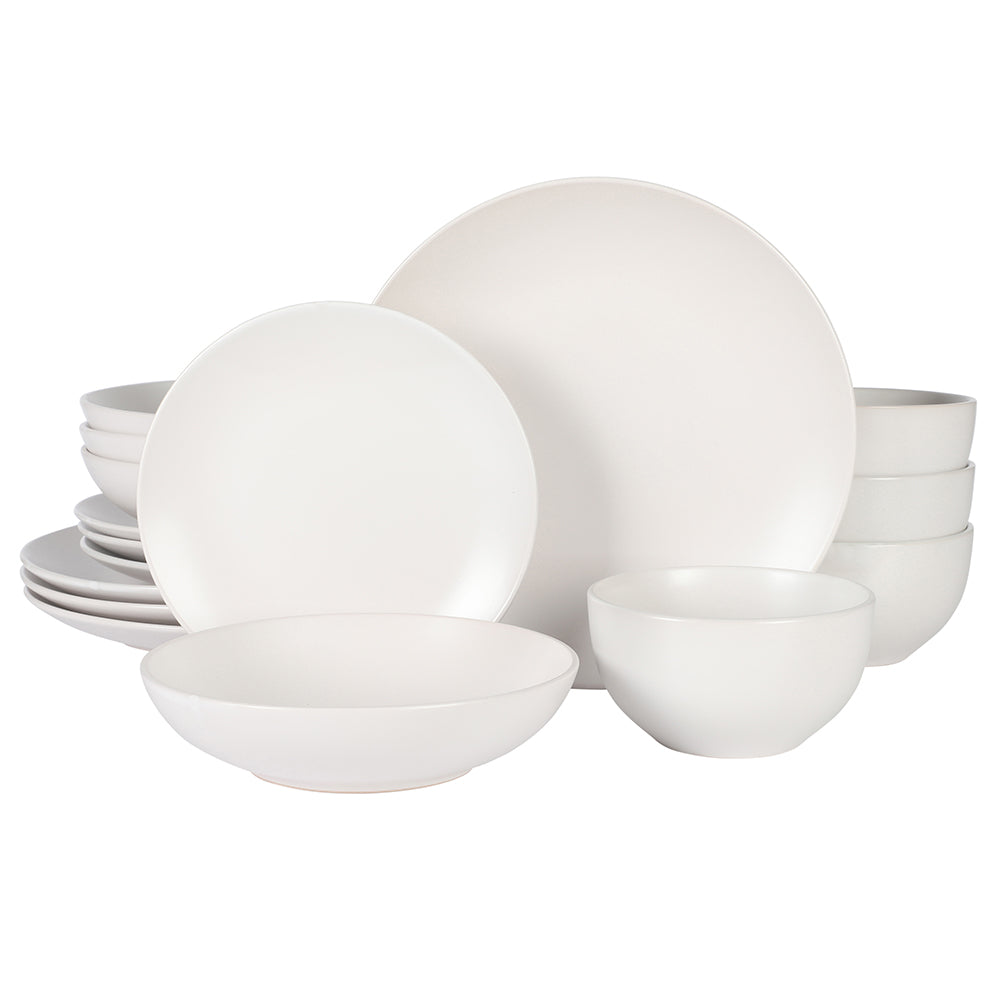 Gibson Home Queenslane 16 Piece Plates and Bowls Dishes Stoneware Ceramic Dinnerware Sets - Matte White