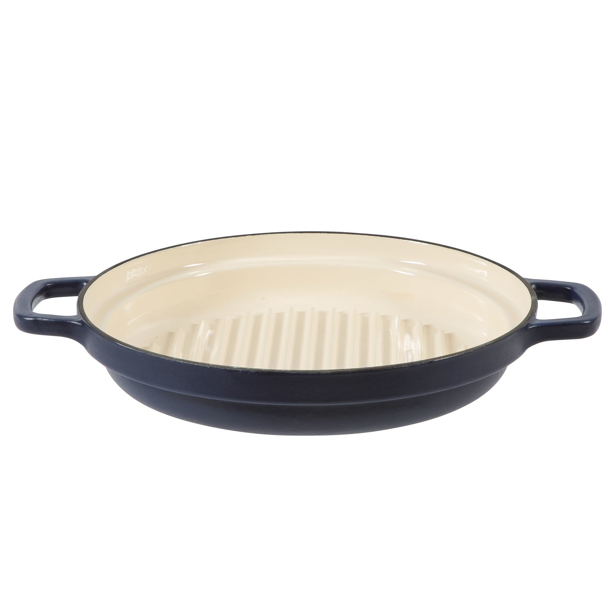 Sur La Table Kitchen Essentials 4-Piece Enameled Cast Iron Stackable Cookware Set, 5.3 Qt Dutch Oven with Lid, Braiser & Grill Pan, Navy Blue, Gold Knob Oven Safe to 500°F, Induction Compatible