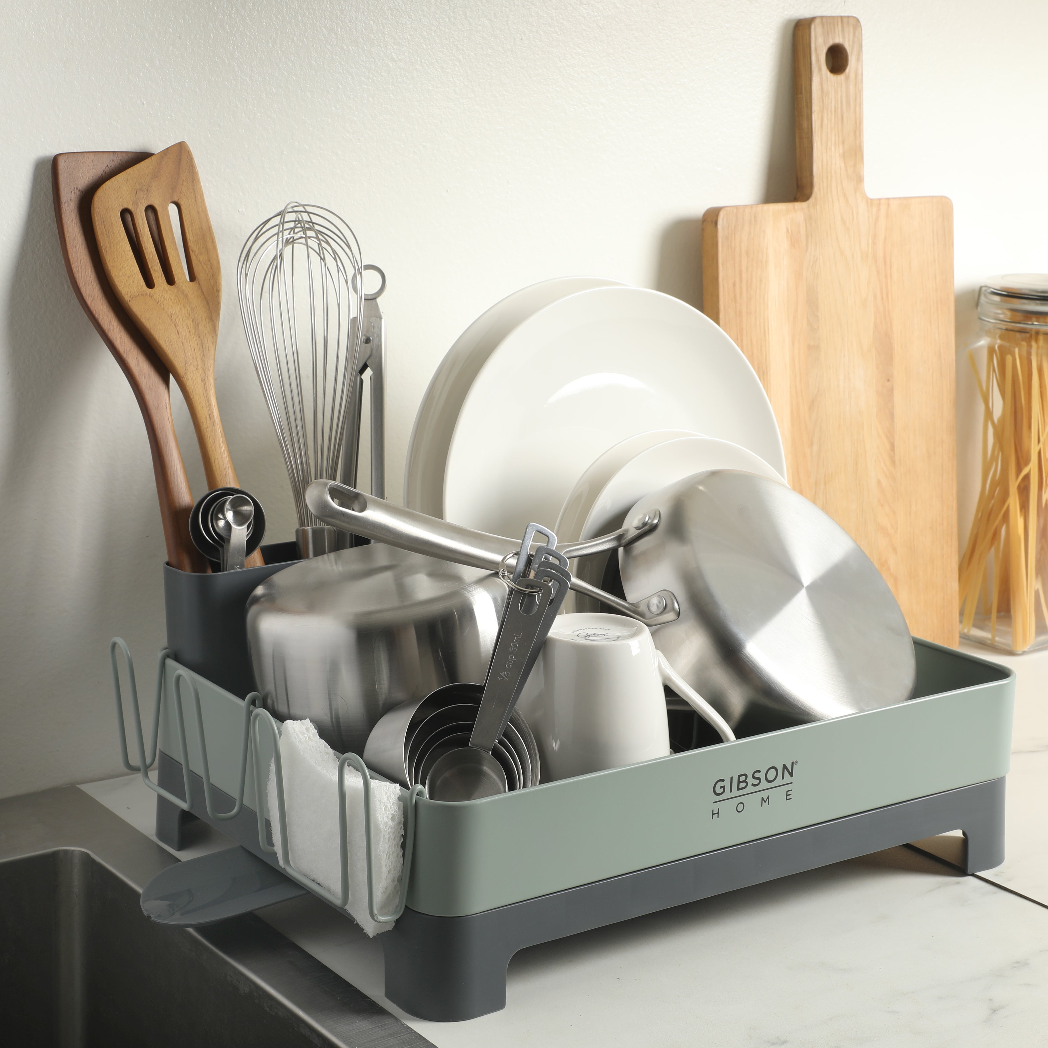 Gibson Home Nestcraft Full Size Rust Resistant Dish Rack with Drain Board and Flatware Caddy