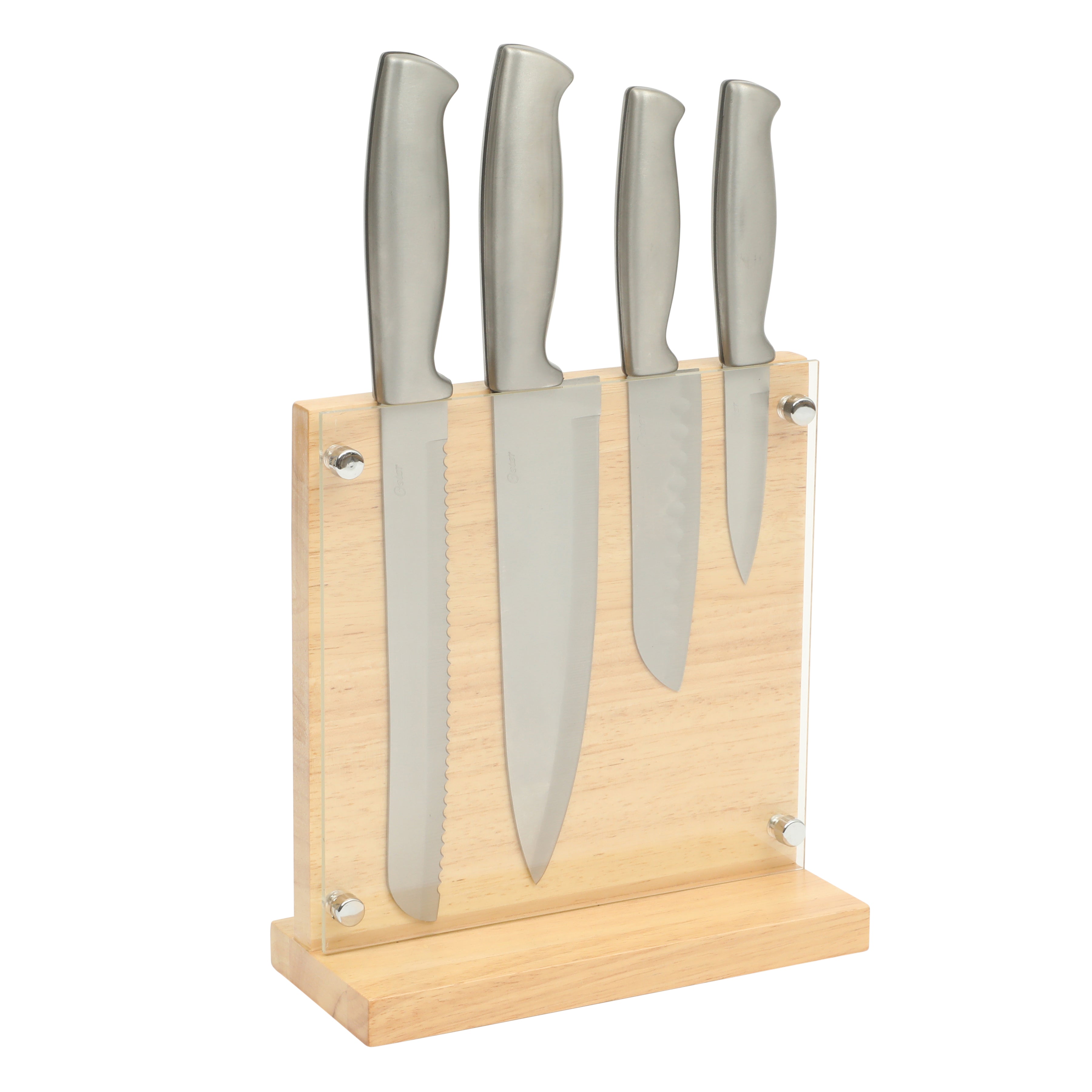 Oster Baldwyn 5-Piece Stainless Steel Knife Block Set with Wood Magnetic Stand – Countertop Display & Knife-Safe Storage