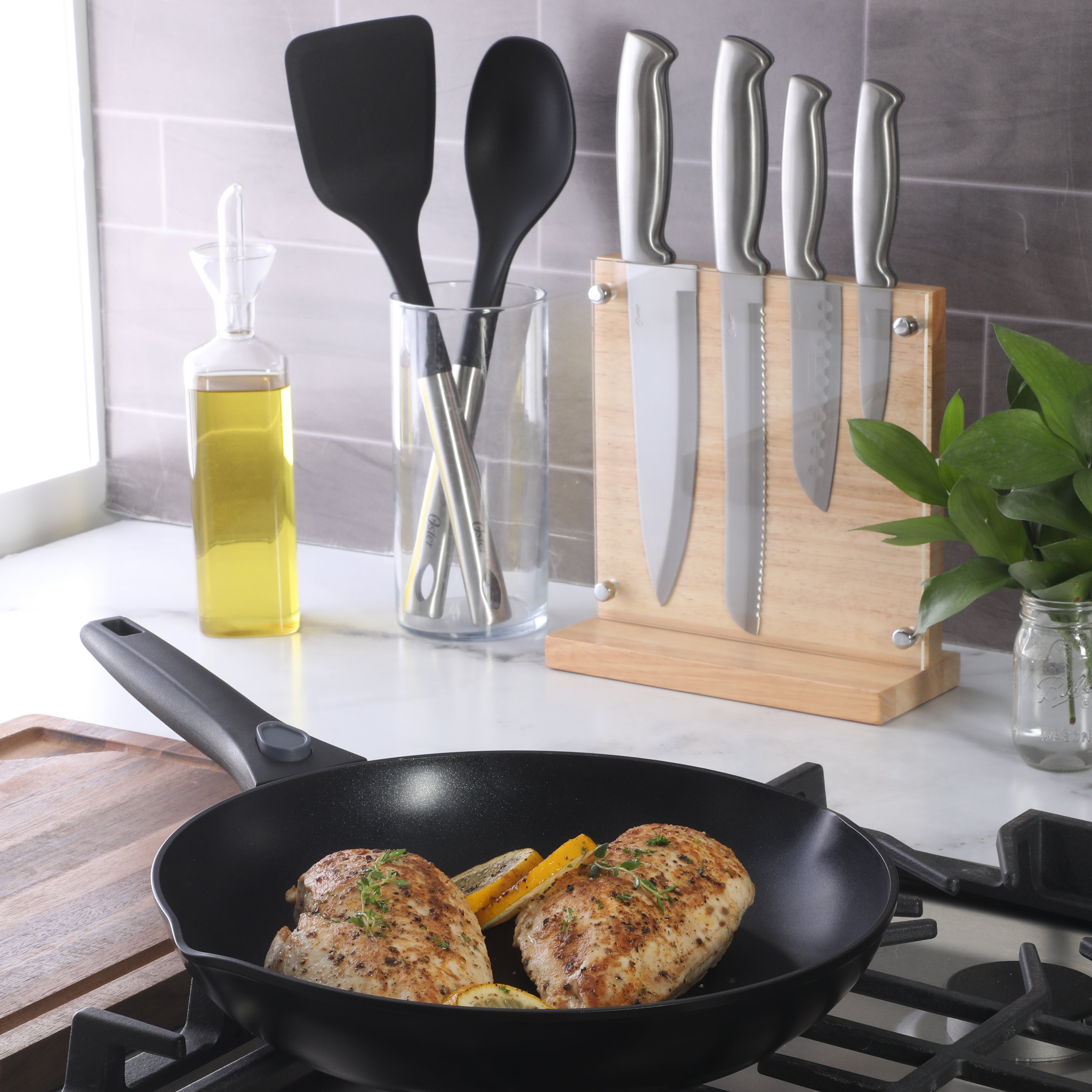 Oster Baldwyn 5-Piece Stainless Steel Knife Block Set with Wood Magnetic Stand – Countertop Display & Knife-Safe Storage