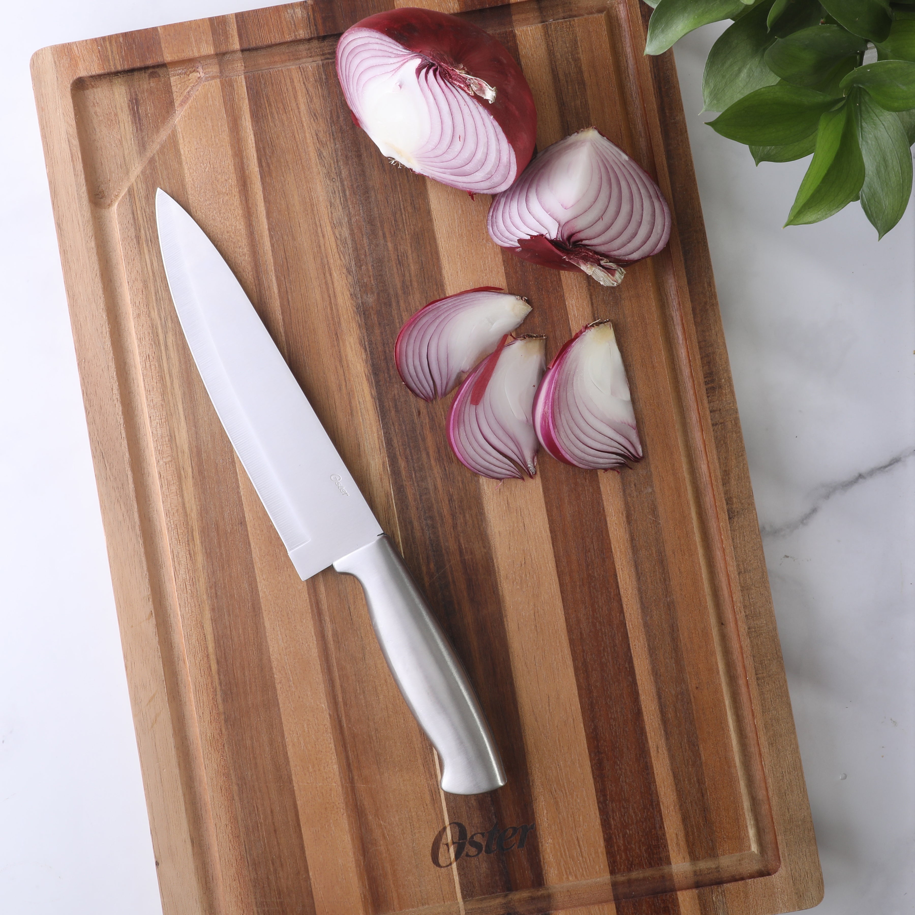 Oster Baldwyn 5-Piece Stainless Steel Knife Block Set with Wood Magnetic Stand – Countertop Display & Knife-Safe Storage