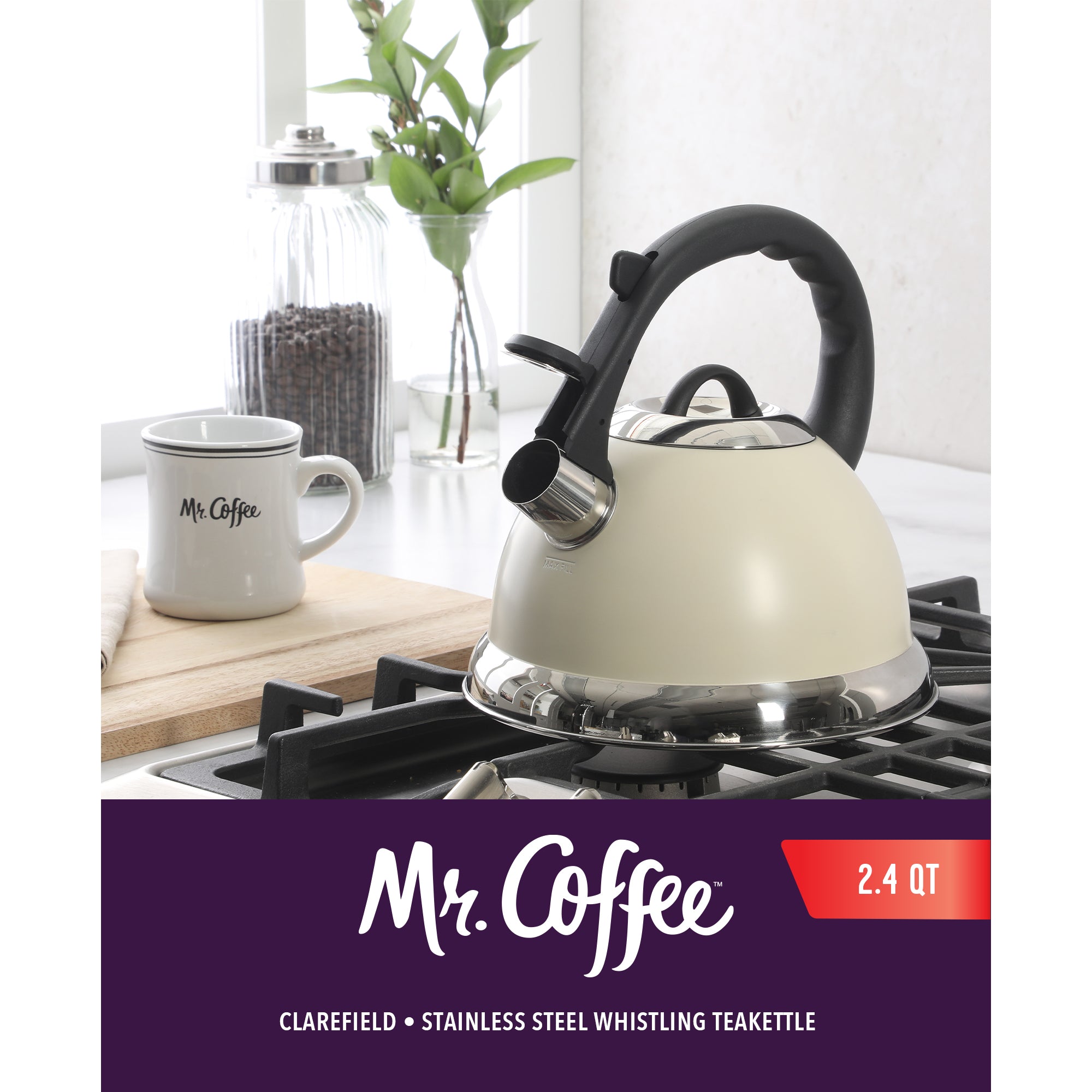 Mr. Coffee Clarefield 2.4 Quart Whistling Tea Kettle – Stovetop Water Kettle with Lid, Heat-Resistant Nylon Handle and Knob, Stainless Steel Trim