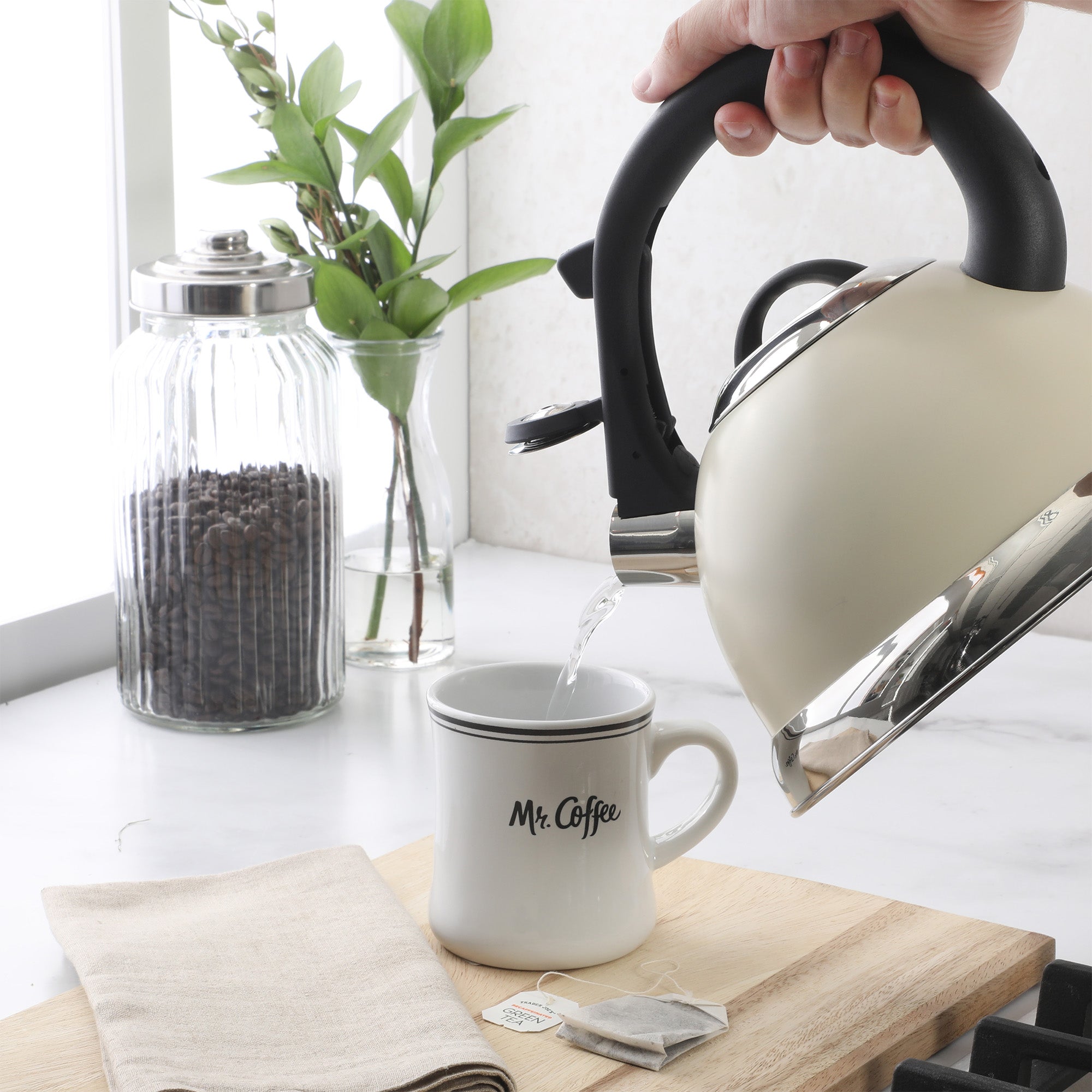 Mr. Coffee Clarefield 2.4 Quart Whistling Tea Kettle – Stovetop Water Kettle with Lid, Heat-Resistant Nylon Handle and Knob, Stainless Steel Trim