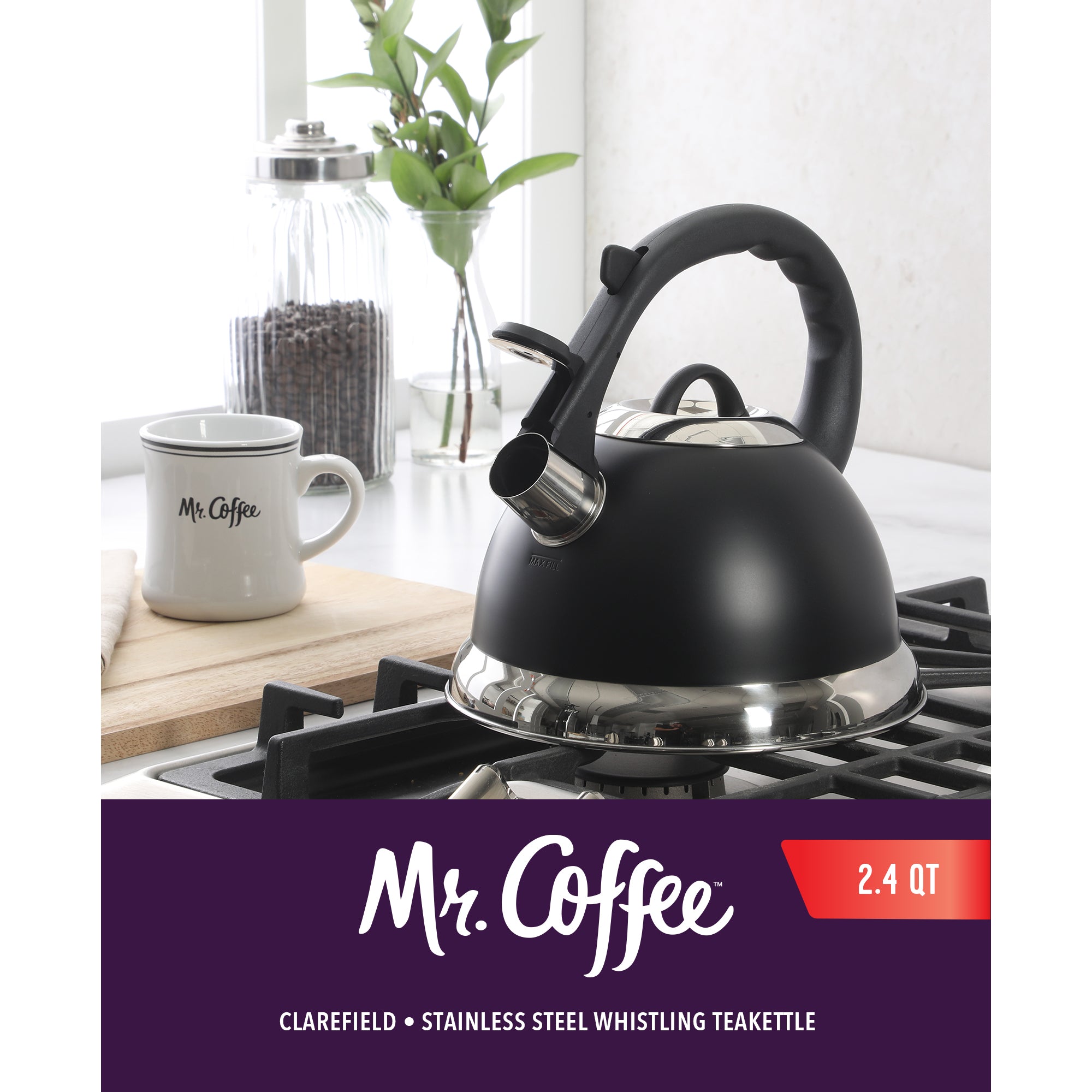 Mr. Coffee Clarefield 2.4 Quart Whistling Tea Kettle – Stovetop Water Kettle with Lid, Heat-Resistant Nylon Handle and Knob, Stainless Steel Trim