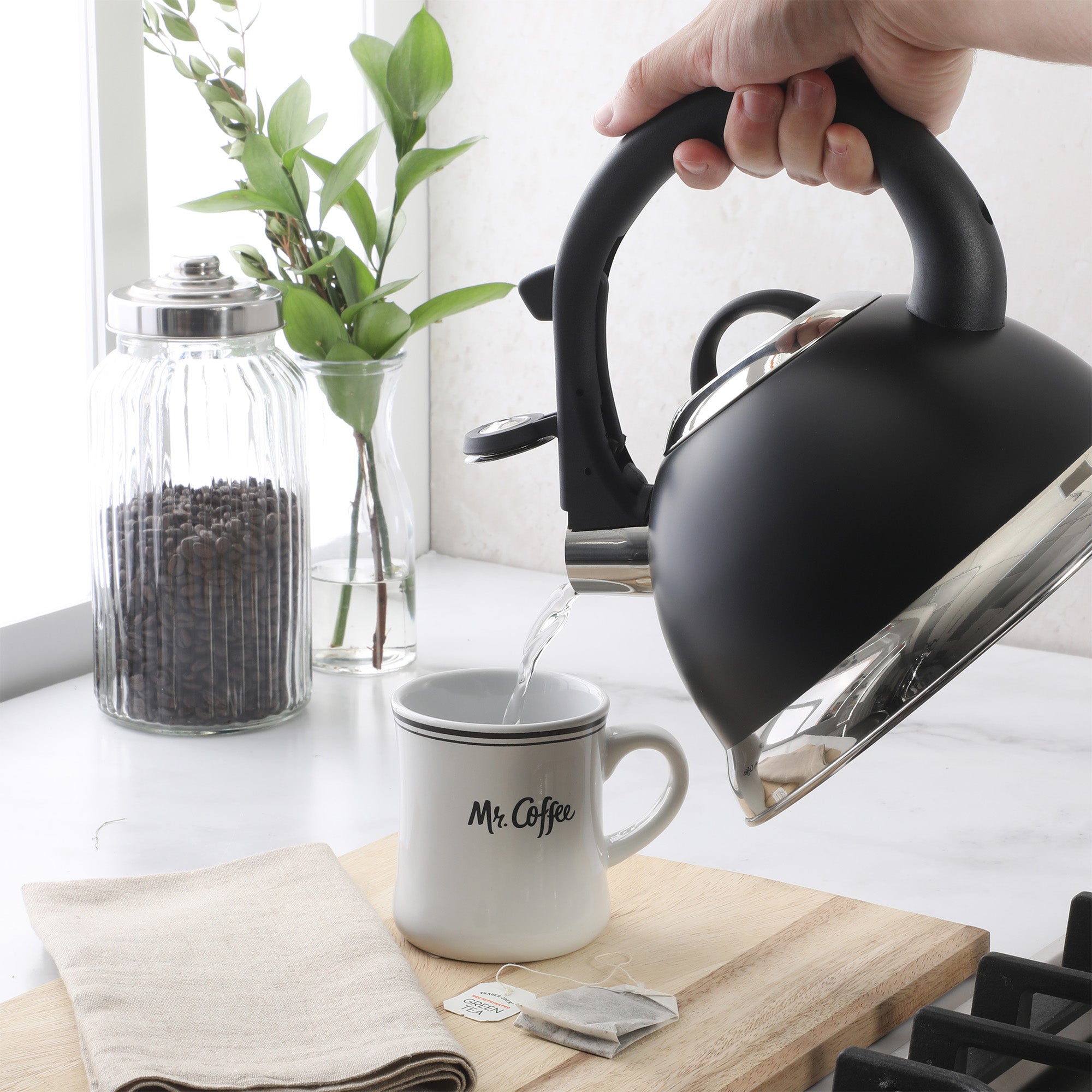 Mr. Coffee Clarefield 2.4 Quart Whistling Tea Kettle – Stovetop Water Kettle with Lid, Heat-Resistant Nylon Handle and Knob, Stainless Steel Trim