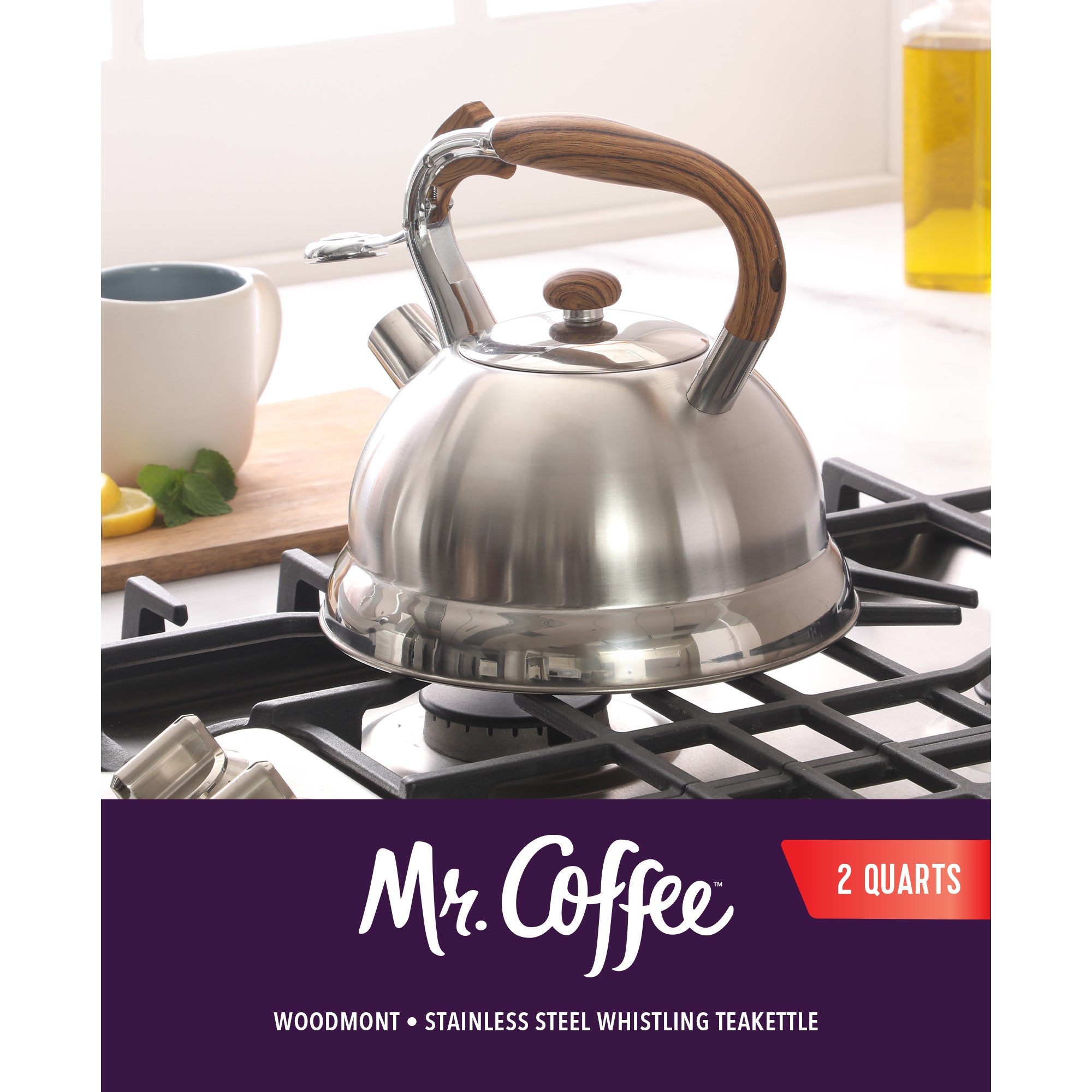 Mr. Coffee Woodmont 2-Quart Stainless Steel Tea Kettle w/ Wood Handle