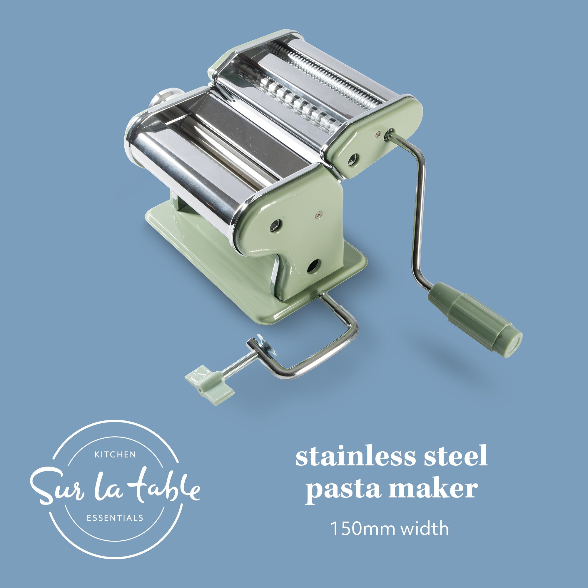 Sur La Table Kitchen Essential Pasta La Vista Manual Pasta Maker Machine, Noodle Maker with Rollers and Cutters, Perfect for Spaghetti, Fettuccini, Lasagna or Dumpling Skin Silver, Stainless Steel/Juniper Green