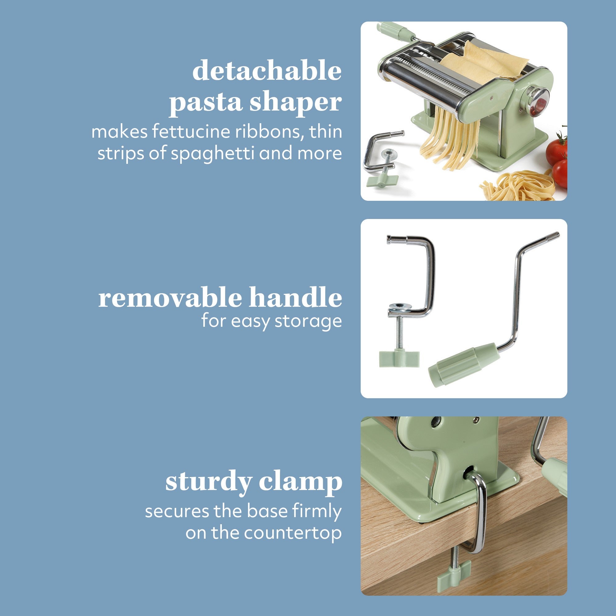 Sur La Table Kitchen Essential Pasta La Vista Manual Pasta Maker Machine, Noodle Maker with Rollers and Cutters, Perfect for Spaghetti, Fettuccini, Lasagna or Dumpling Skin Silver, Stainless Steel/Juniper Green