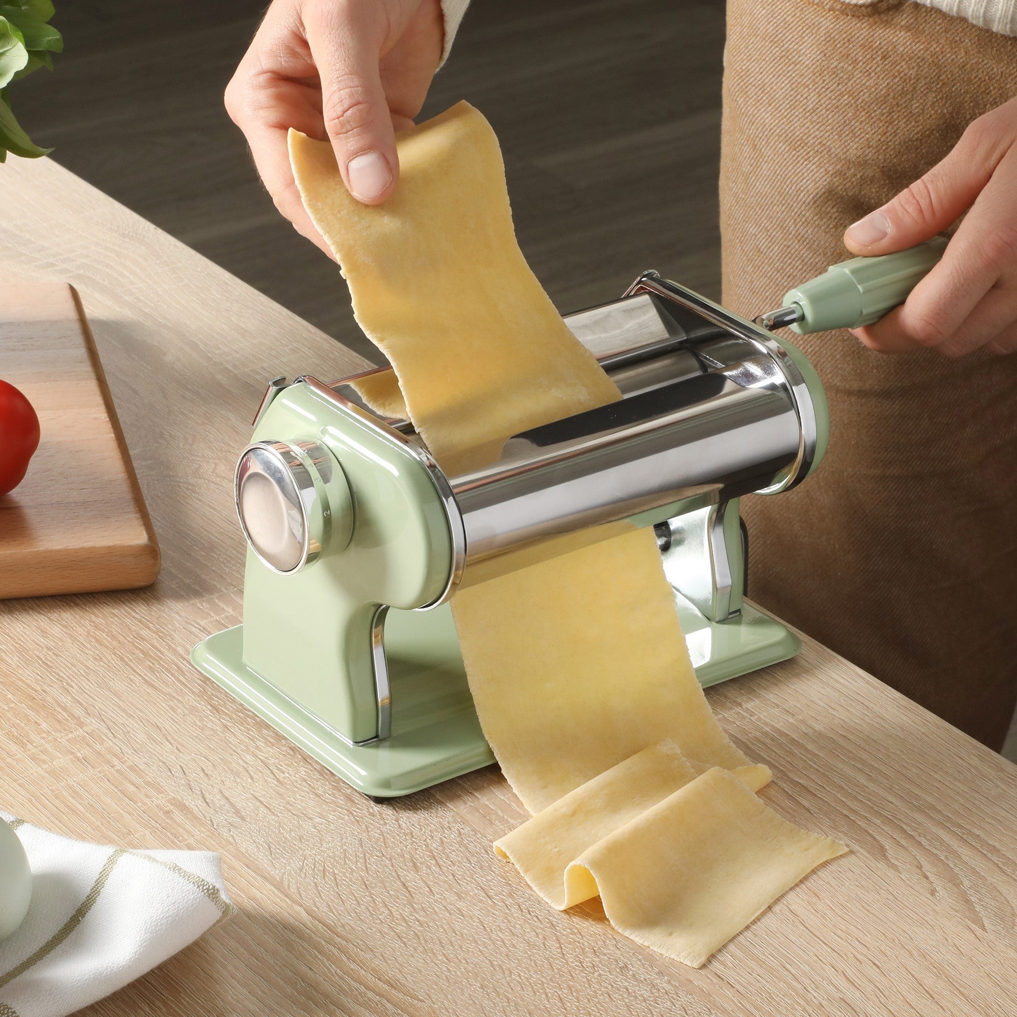 Sur La Table Kitchen Essential Pasta La Vista Manual Pasta Maker Machine, Noodle Maker with Rollers and Cutters, Perfect for Spaghetti, Fettuccini, Lasagna or Dumpling Skin Silver, Stainless Steel/Juniper Green