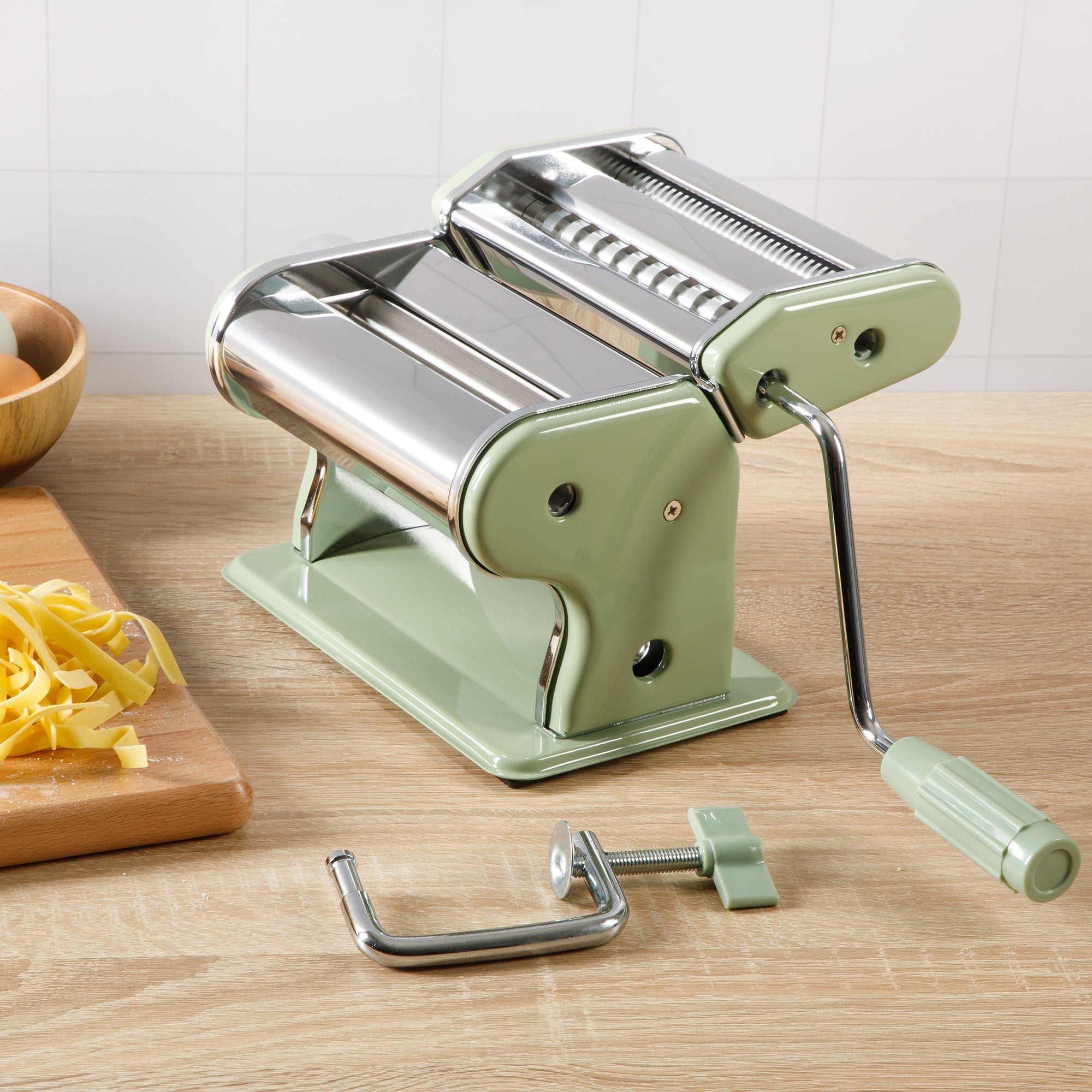 Sur La Table Kitchen Essential Pasta La Vista Manual Pasta Maker Machine, Noodle Maker with Rollers and Cutters, Perfect for Spaghetti, Fettuccini, Lasagna or Dumpling Skin Silver, Stainless Steel/Juniper Green