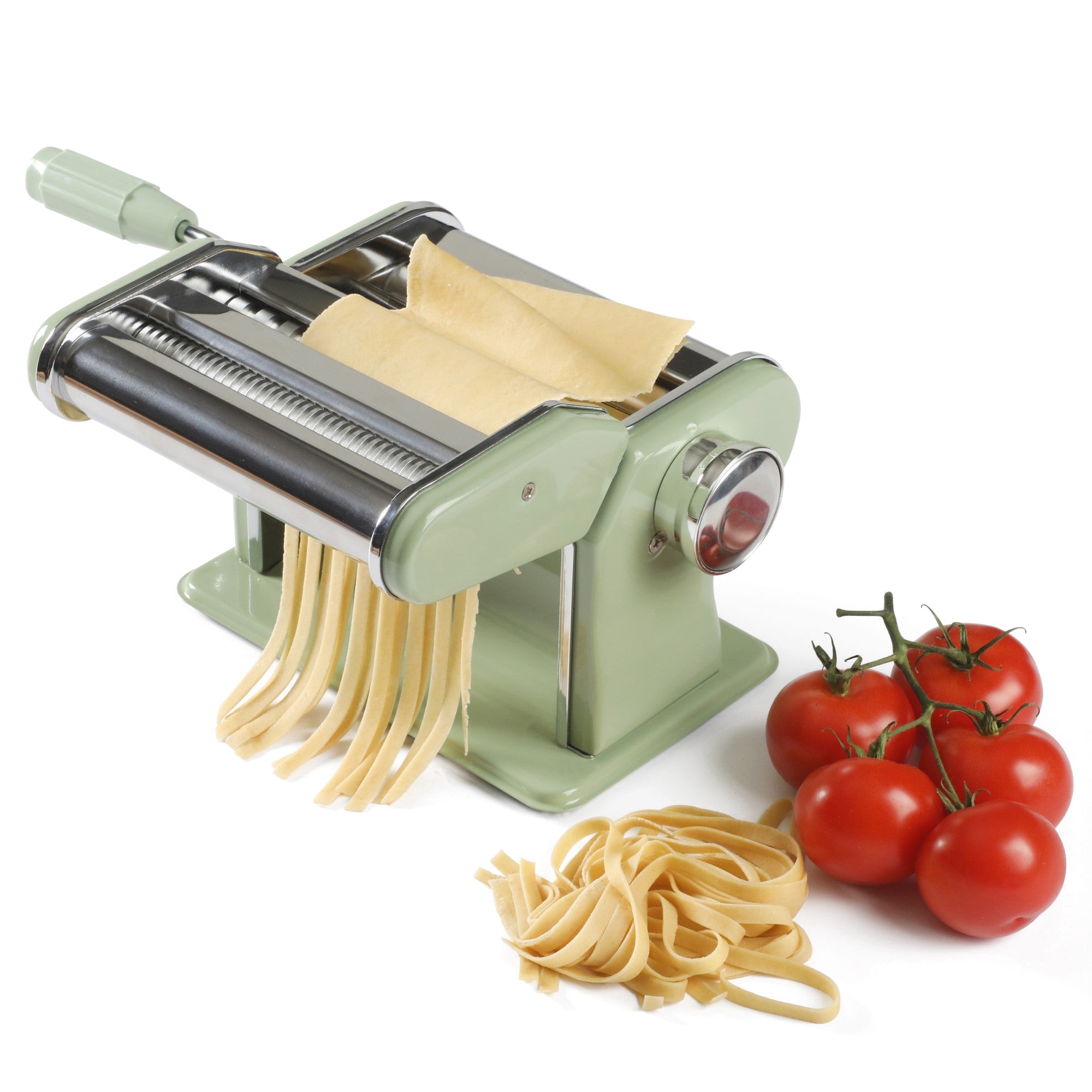 Sur La Table Kitchen Essential Pasta La Vista Manual Pasta Maker Machine, Noodle Maker with Rollers and Cutters, Perfect for Spaghetti, Fettuccini, Lasagna or Dumpling Skin Silver, Stainless Steel/Juniper Green