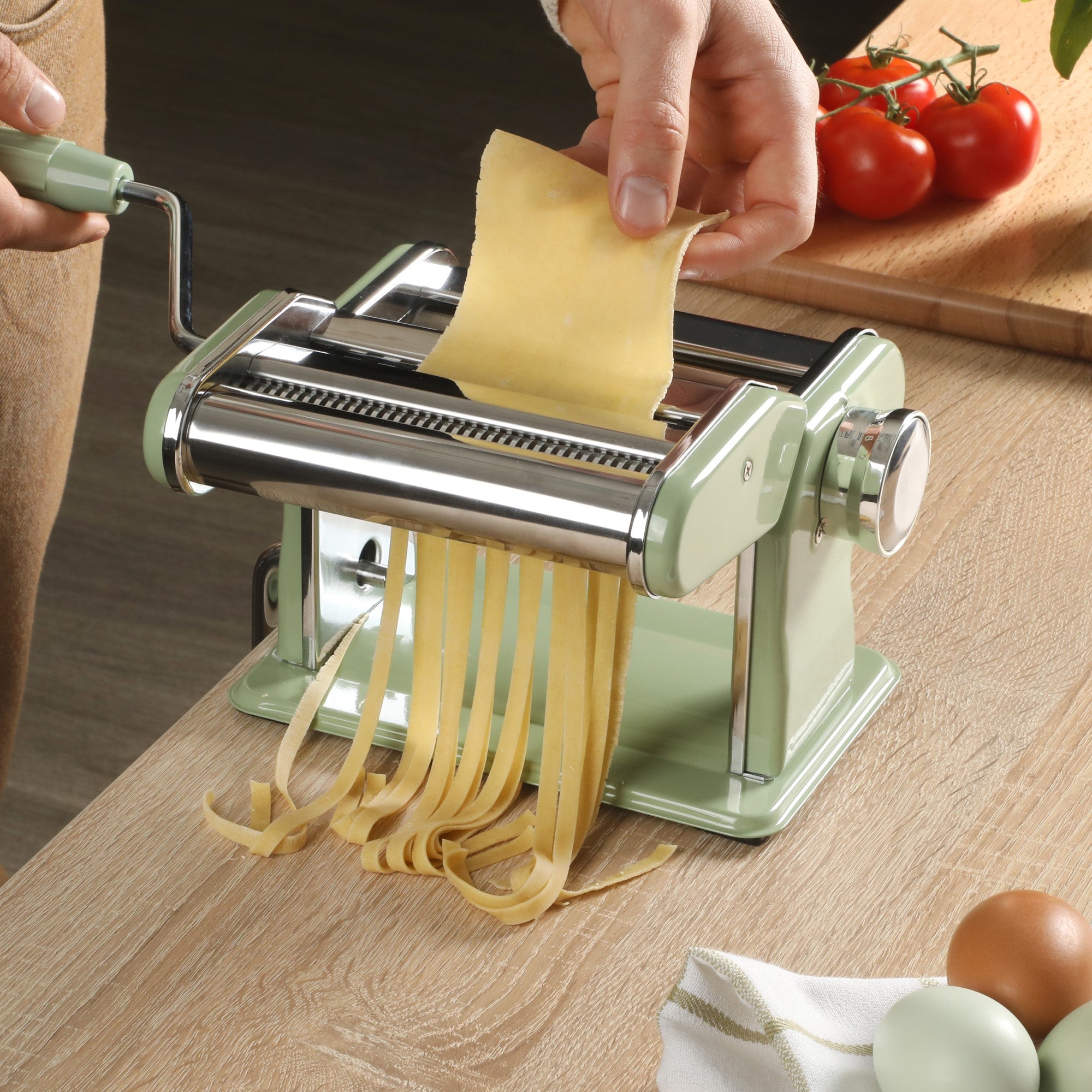 Sur La Table Kitchen Essential Pasta La Vista Manual Pasta Maker Machine, Noodle Maker with Rollers and Cutters, Perfect for Spaghetti, Fettuccini, Lasagna or Dumpling Skin Silver, Stainless Steel/Juniper Green