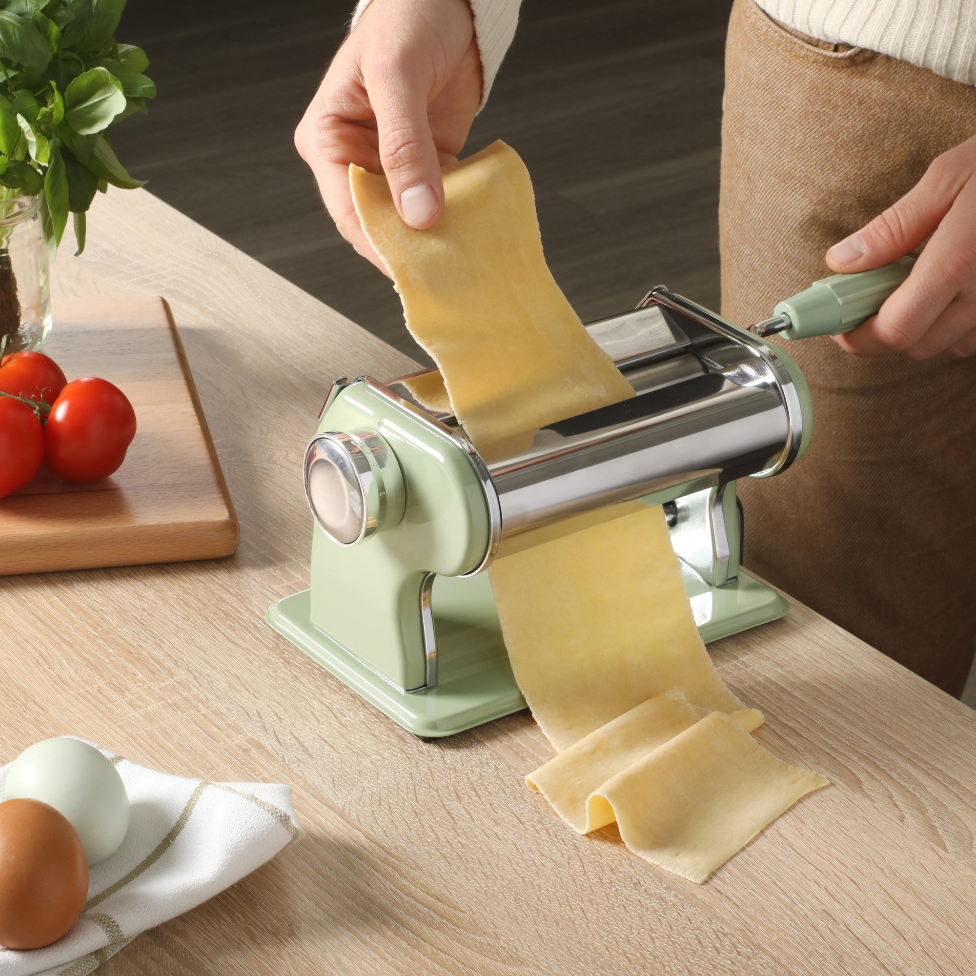 Sur La Table Kitchen Essential Pasta La Vista Manual Pasta Maker Machine, Noodle Maker with Rollers and Cutters, Perfect for Spaghetti, Fettuccini, Lasagna or Dumpling Skin Silver, Stainless Steel/Juniper Green