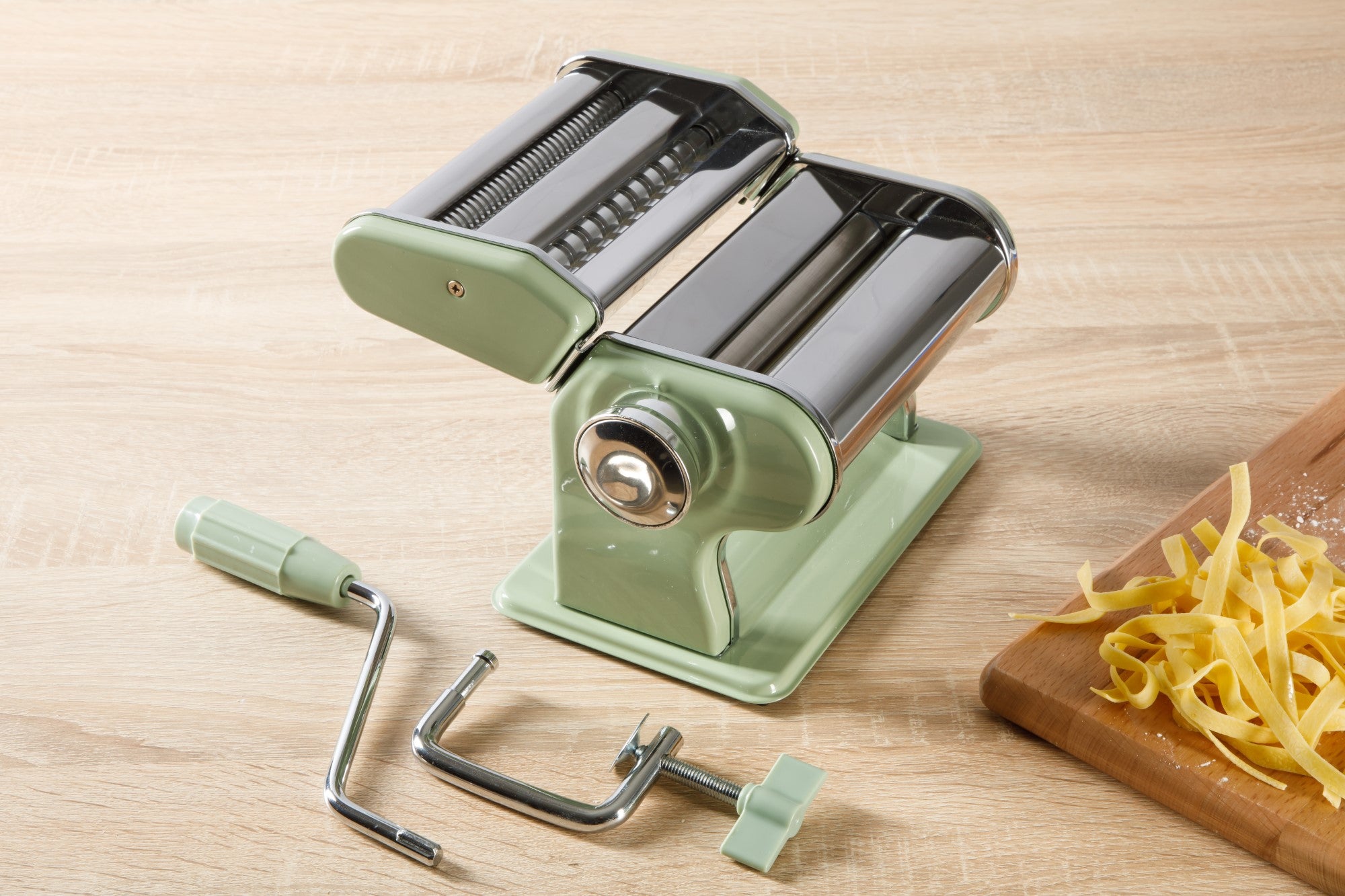 Sur La Table Kitchen Essential Pasta La Vista Manual Pasta Maker Machine, Noodle Maker with Rollers and Cutters, Perfect for Spaghetti, Fettuccini, Lasagna or Dumpling Skin Silver, Stainless Steel/Juniper Green