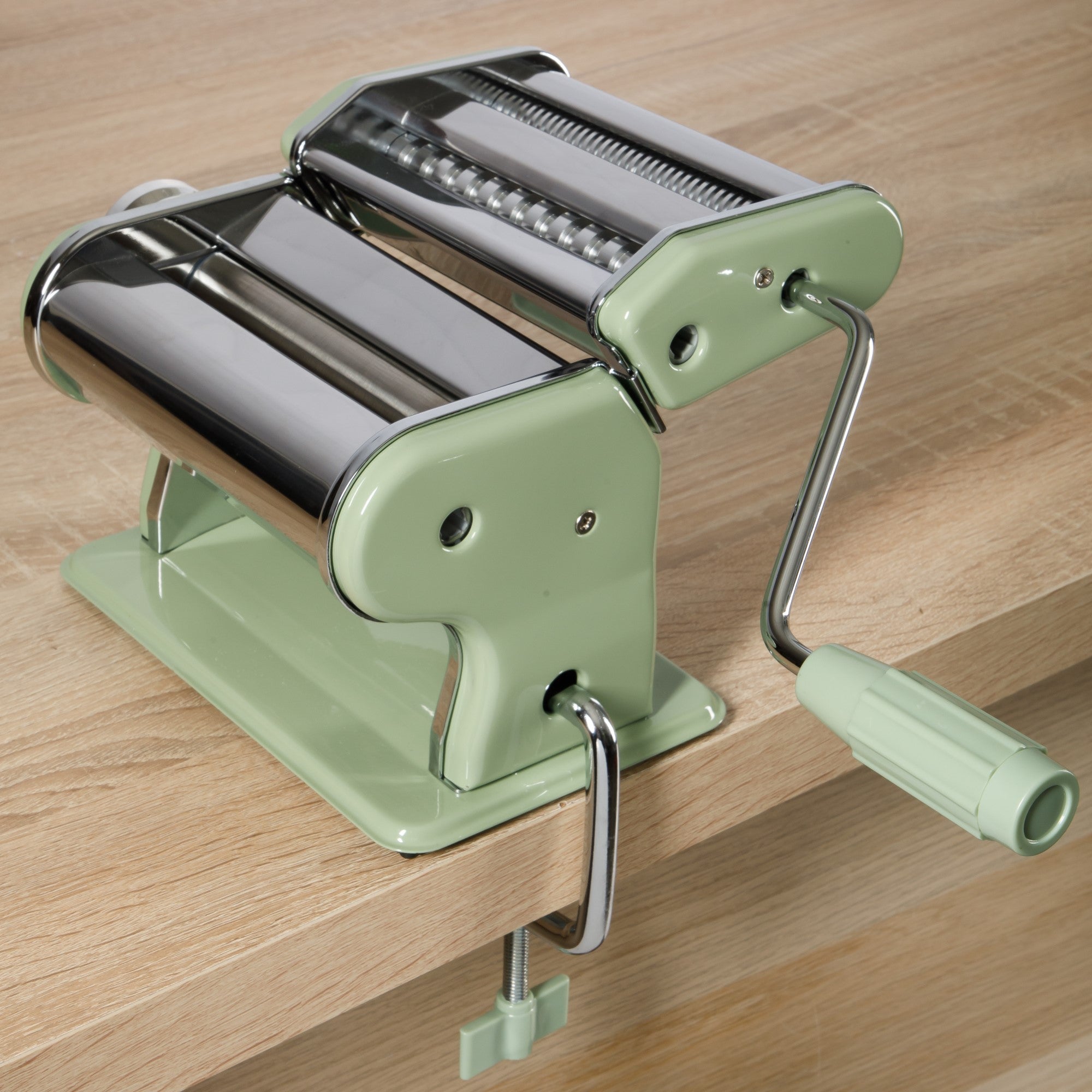 Sur La Table Kitchen Essential Pasta La Vista Manual Pasta Maker Machine, Noodle Maker with Rollers and Cutters, Perfect for Spaghetti, Fettuccini, Lasagna or Dumpling Skin Silver, Stainless Steel/Juniper Green