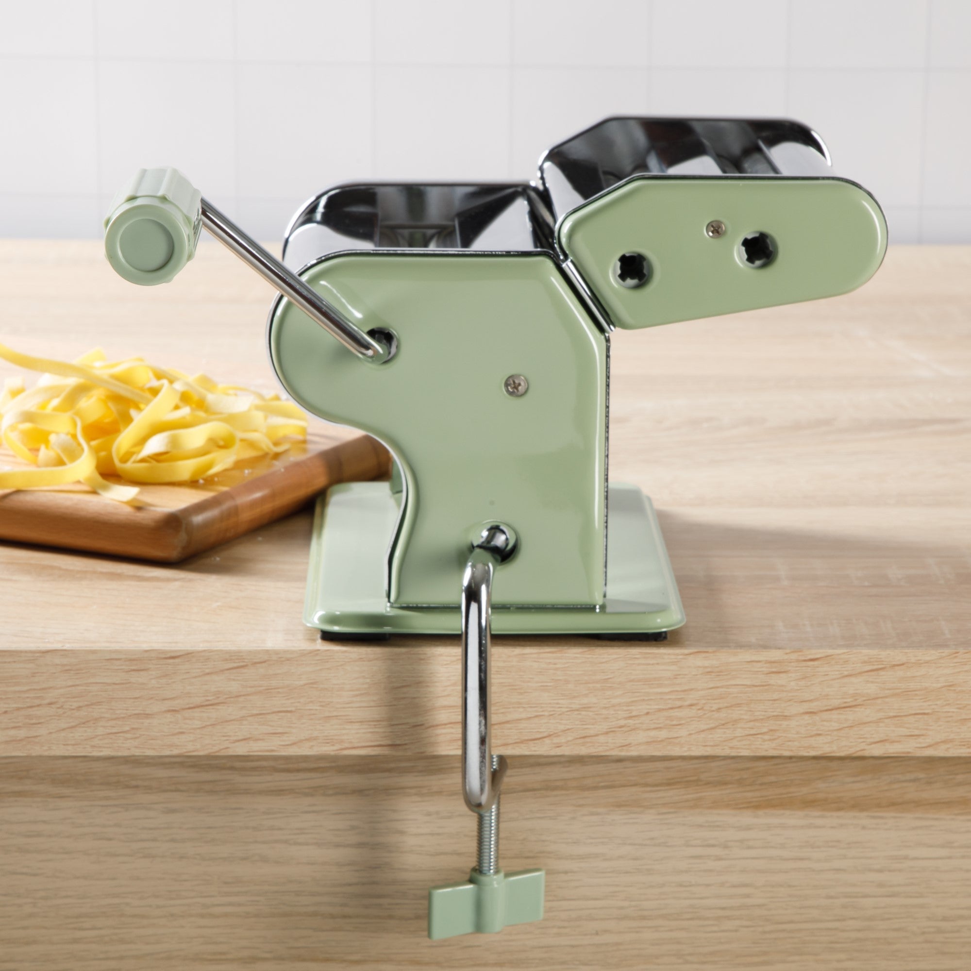 Sur La Table Kitchen Essential Pasta La Vista Manual Pasta Maker Machine, Noodle Maker with Rollers and Cutters, Perfect for Spaghetti, Fettuccini, Lasagna or Dumpling Skin Silver, Stainless Steel/Juniper Green