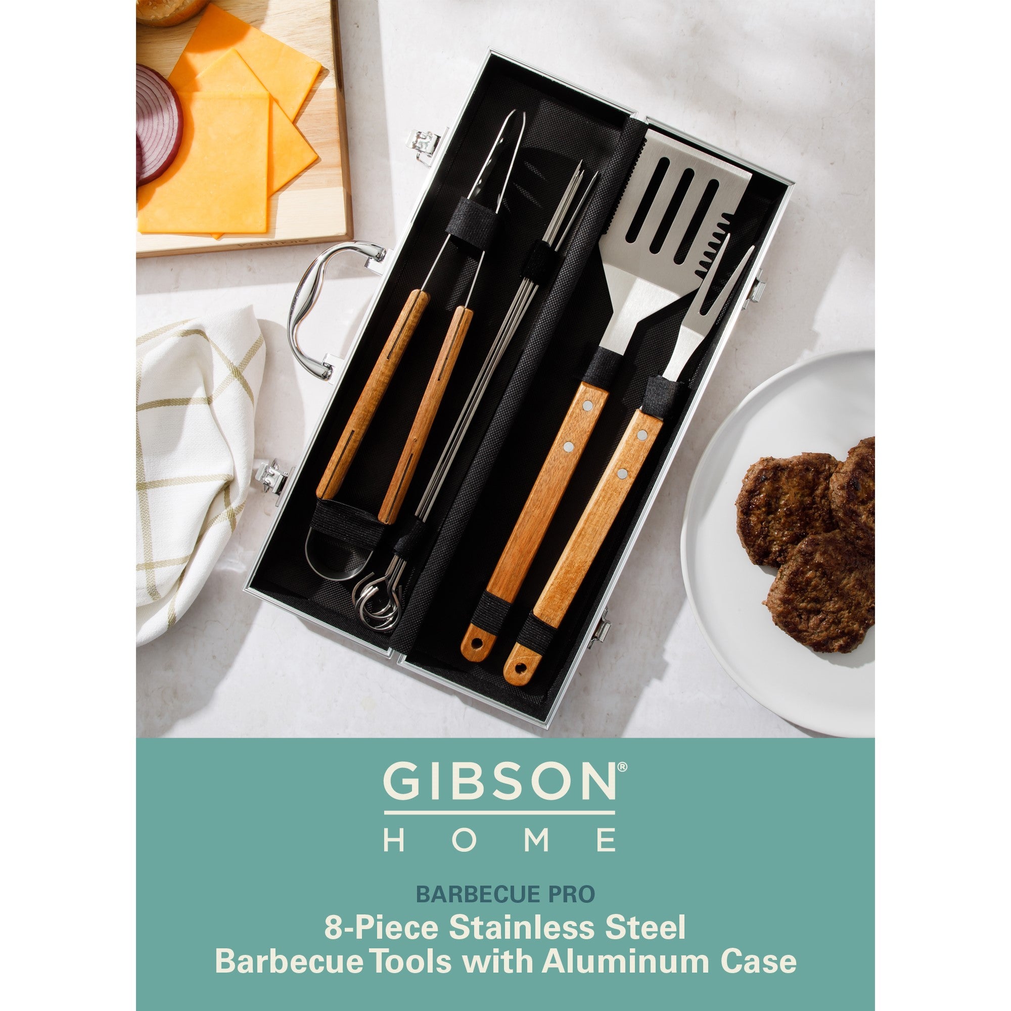 Gibson Home Barbeque Pro 8 Piece BBQ Tools W/ Acacia Wood Handles and Aluminum Storage Box