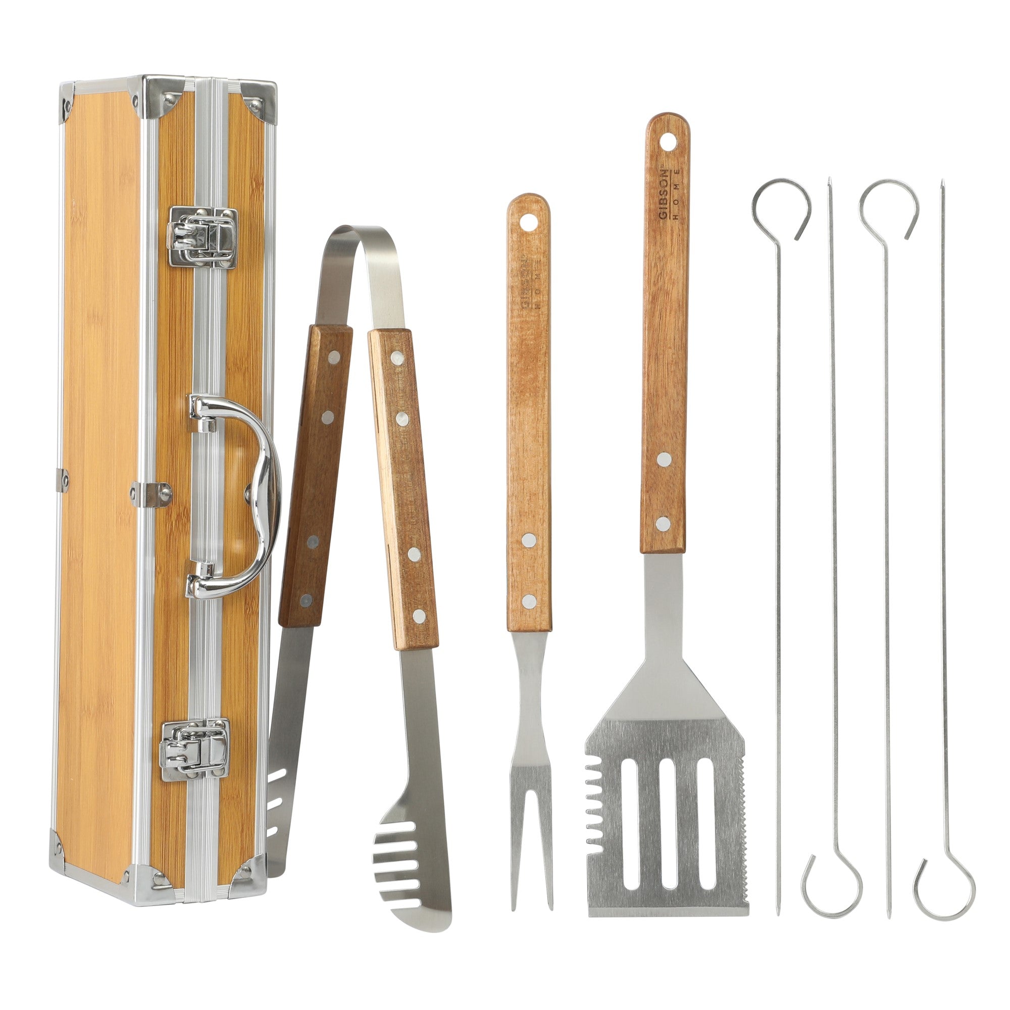 Gibson Home Barbeque Pro 8 Piece BBQ Tools W/ Acacia Wood Handles and Aluminum Storage Box