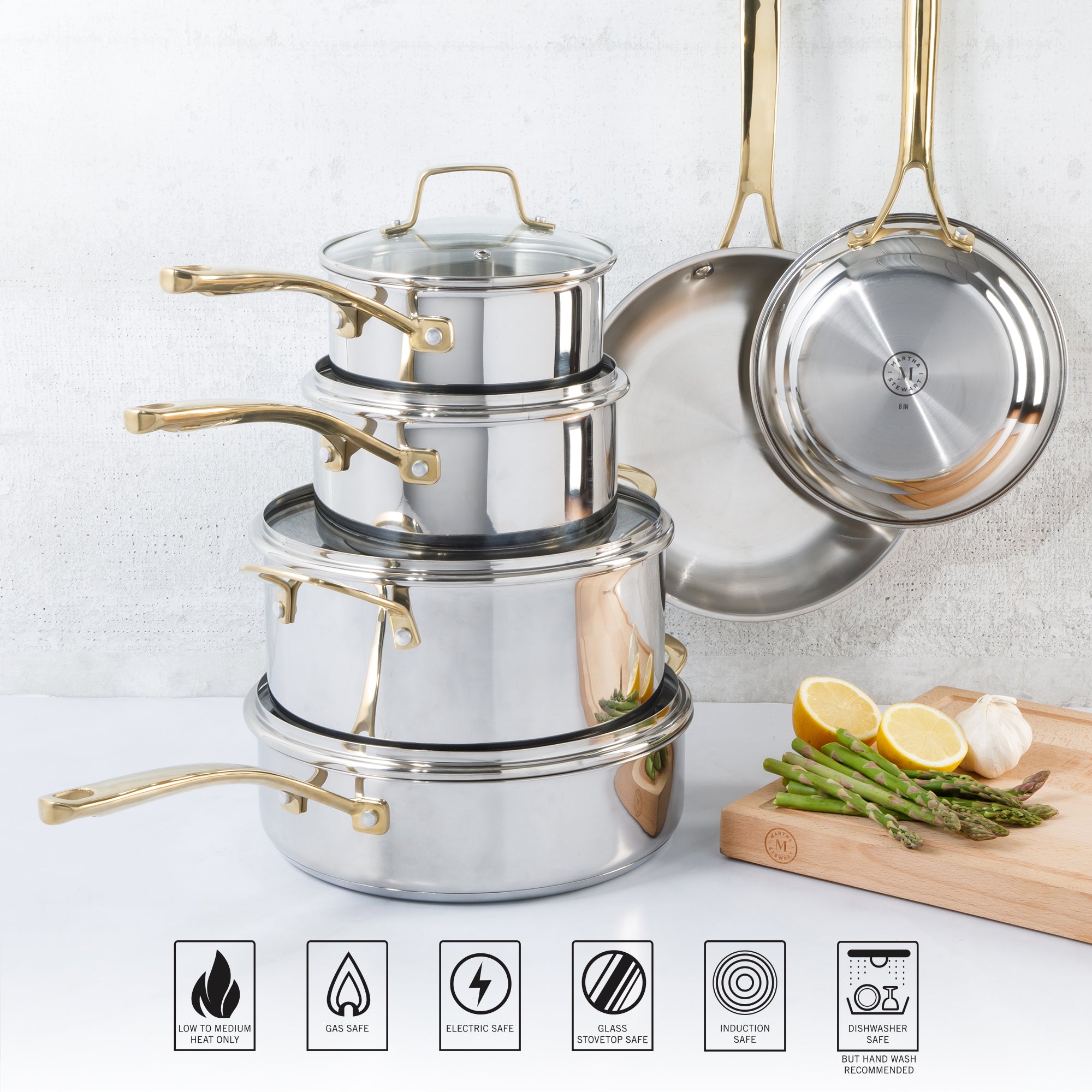 Martha Stewart Castelle 10 Piece Stainless Steel Induction Safe Pots and Pans Non-Toxic Kitchen Cookware Set